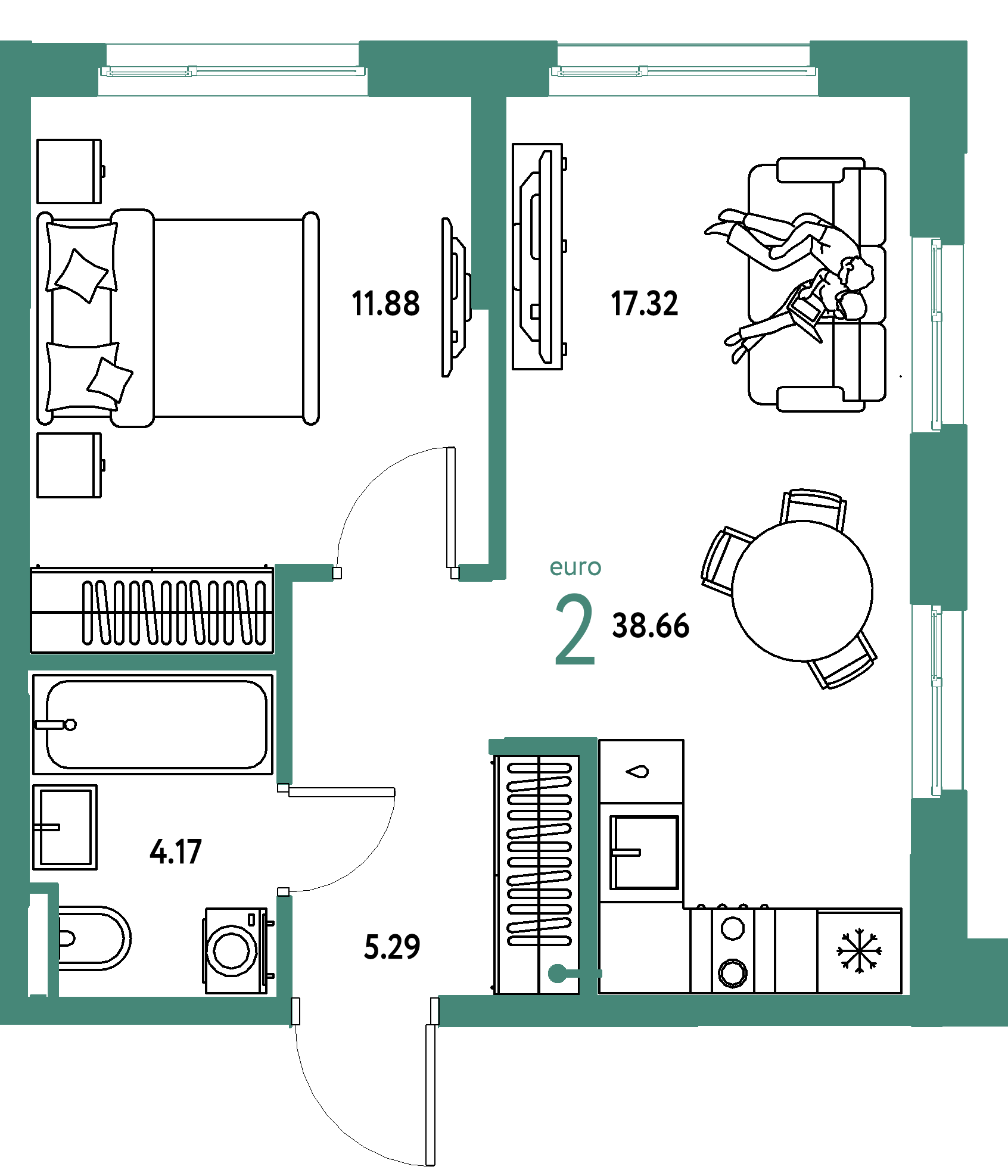 ЖК "Остров-сад"-2-комнатная 38.66 м²