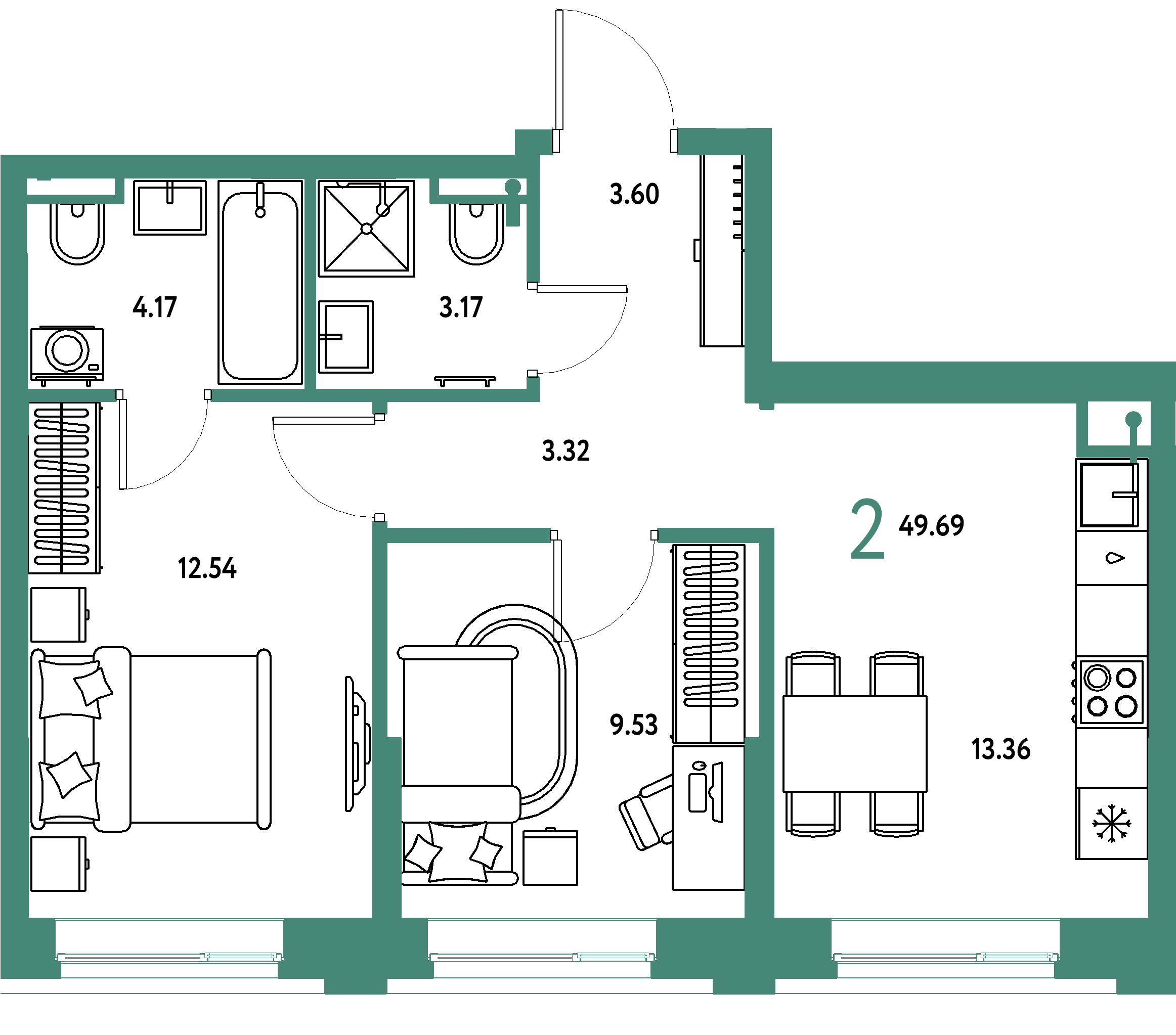 ЖК "Остров-сад"-2-комнатная 49.68 м²