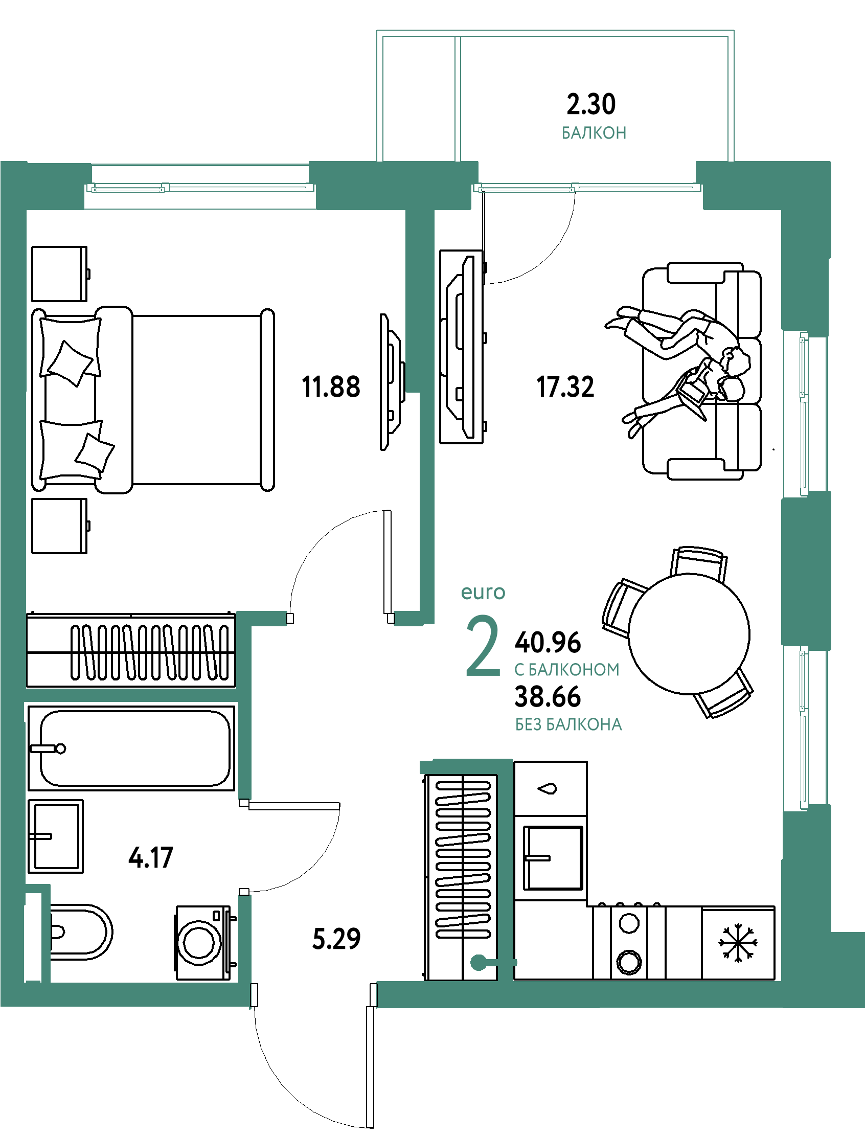 ЖК "Остров-сад"-2-комнатная 40.96 м²