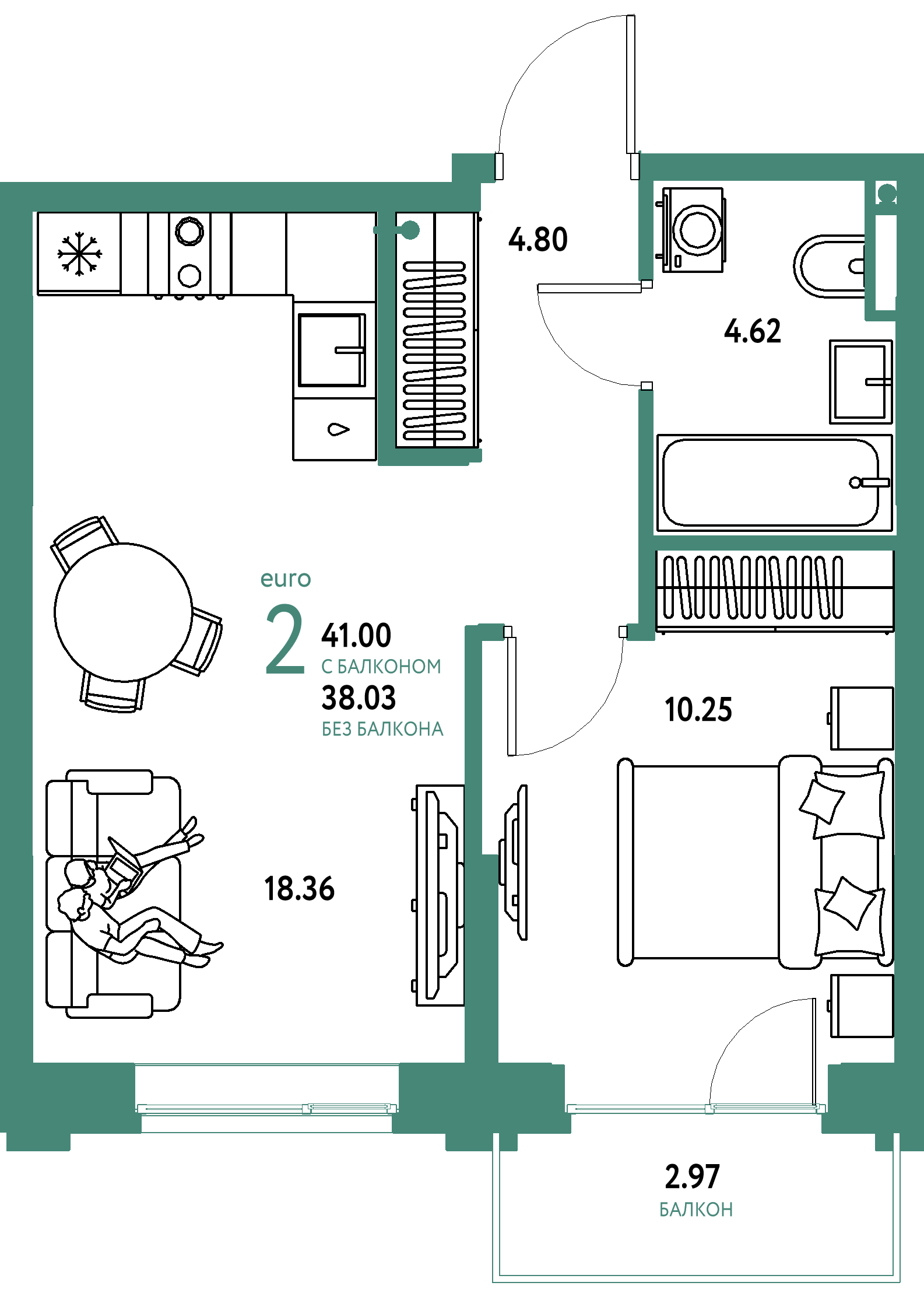 ЖК "Остров-сад"-2-комнатная 41.34 м²