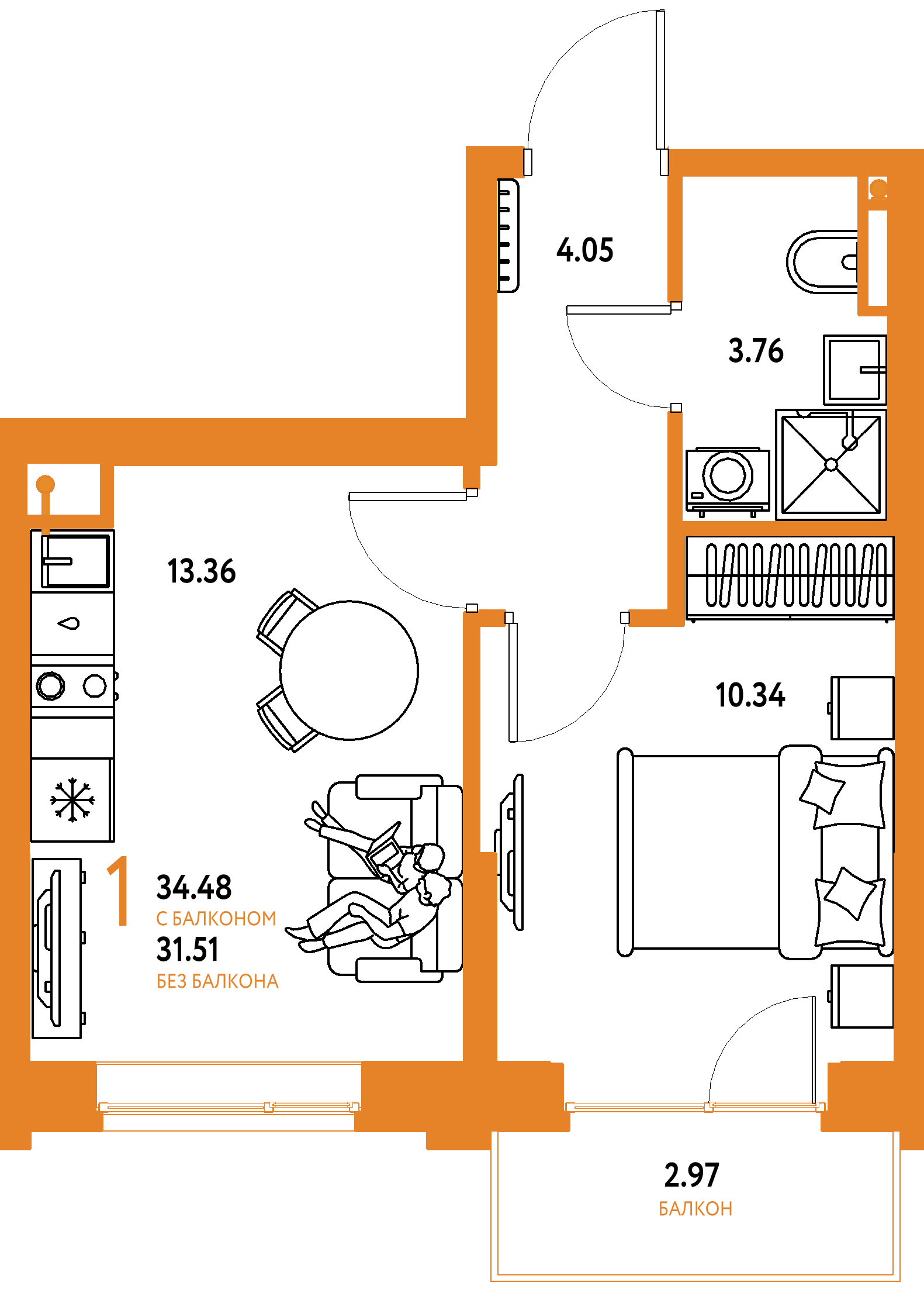 ЖК "Остров-сад"-1-комнатная 35.02 м²