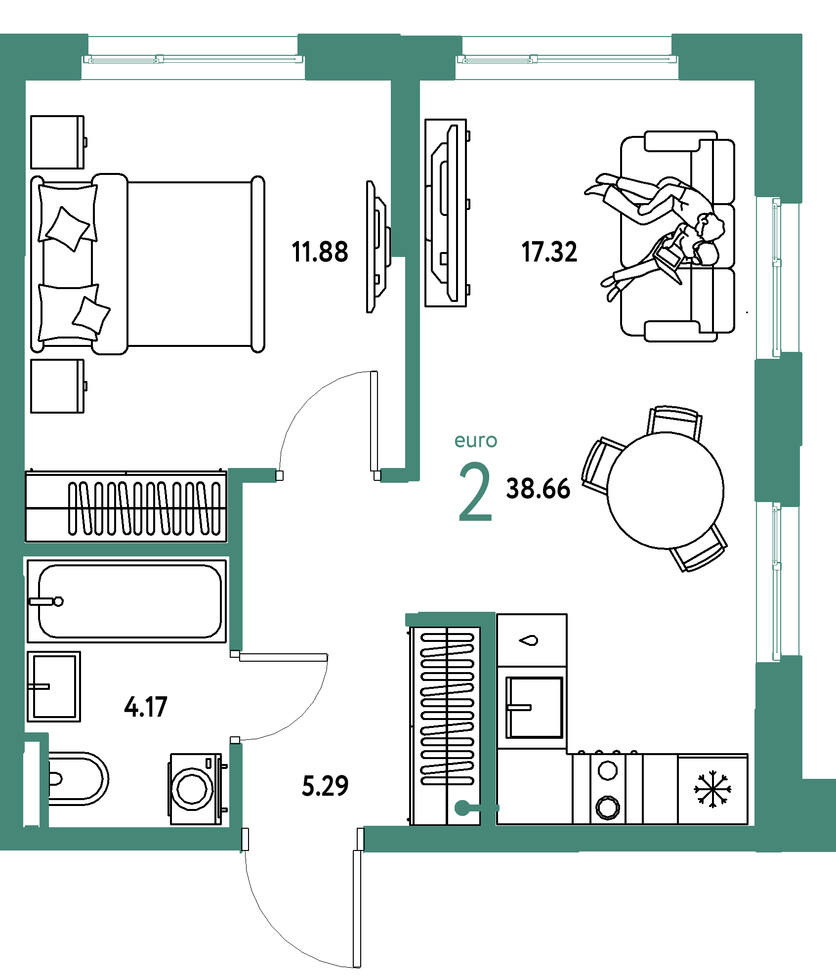 ЖК "Остров-сад"-2-комнатная 38.66 м²