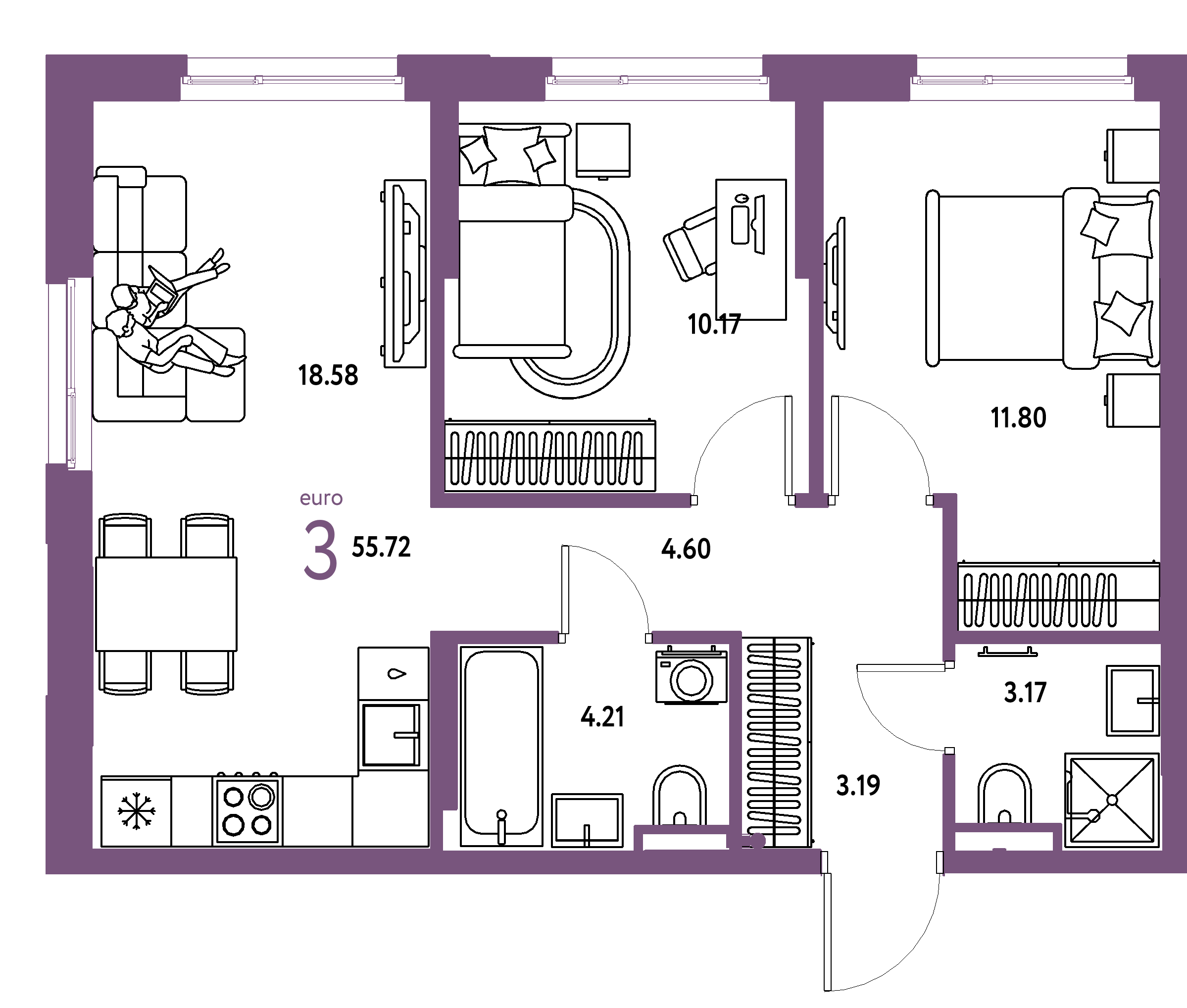 ЖК "Остров-сад"-3-комнатная 55.72 м²