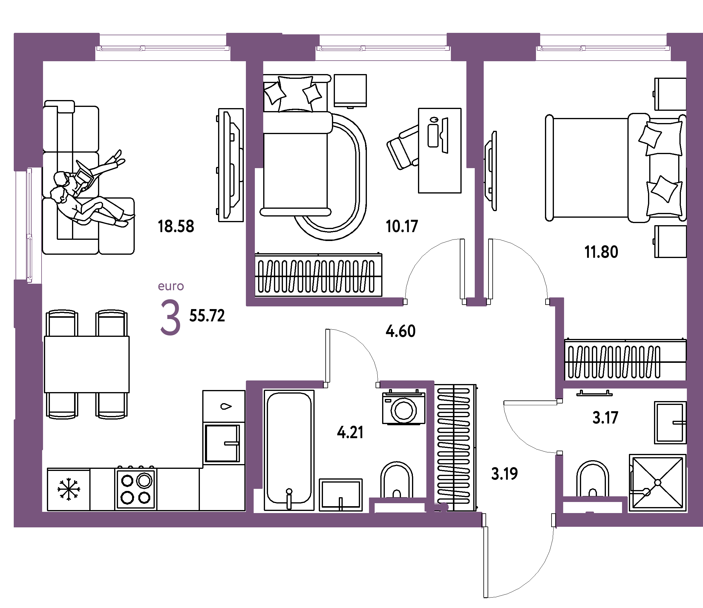 ЖК "Остров-сад"-3-комнатная 55.72 м²