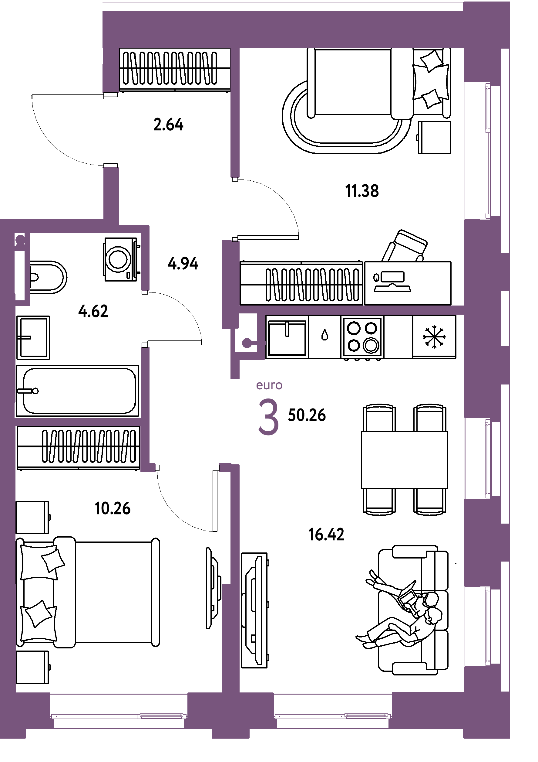 ЖК "Остров-сад"-3-комнатная 50.27 м²