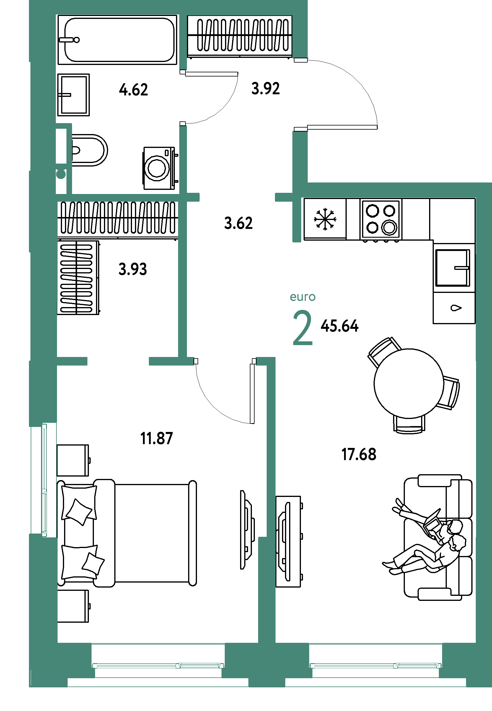 ЖК "Остров-сад"-2-комнатная 45.64 м²