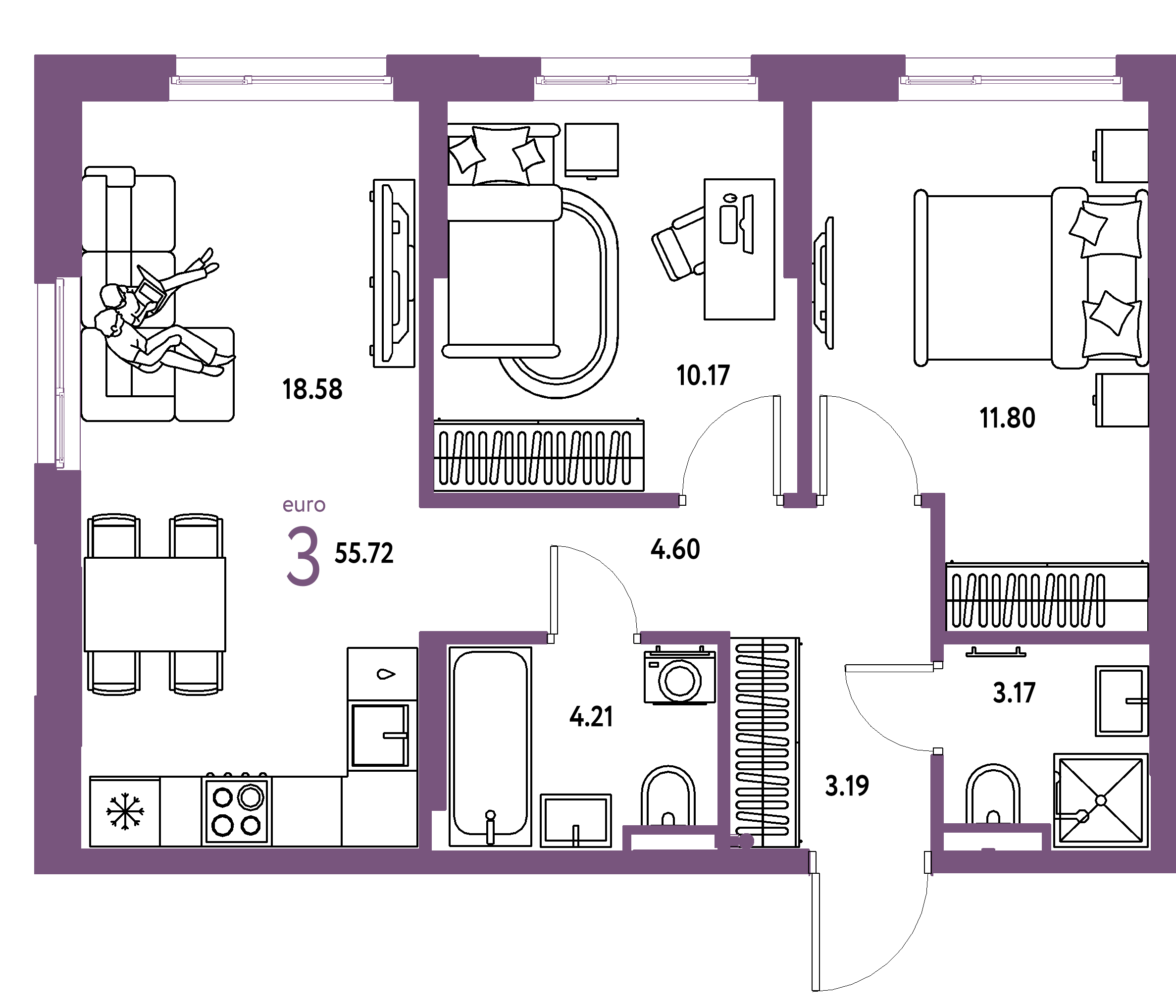 ЖК "Остров-сад"-3-комнатная 55.72 м²