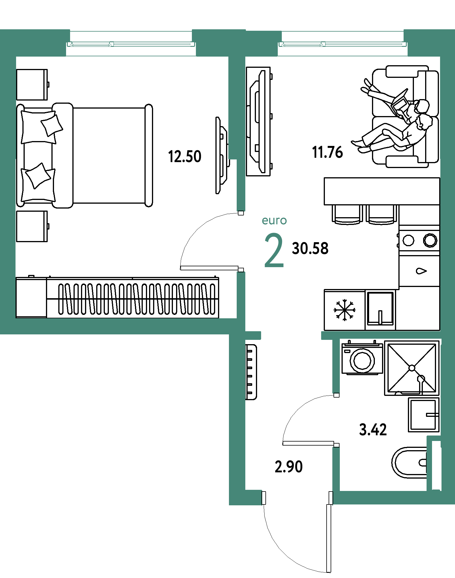 ЖК "Остров-сад"-2-комнатная 30.58 м²