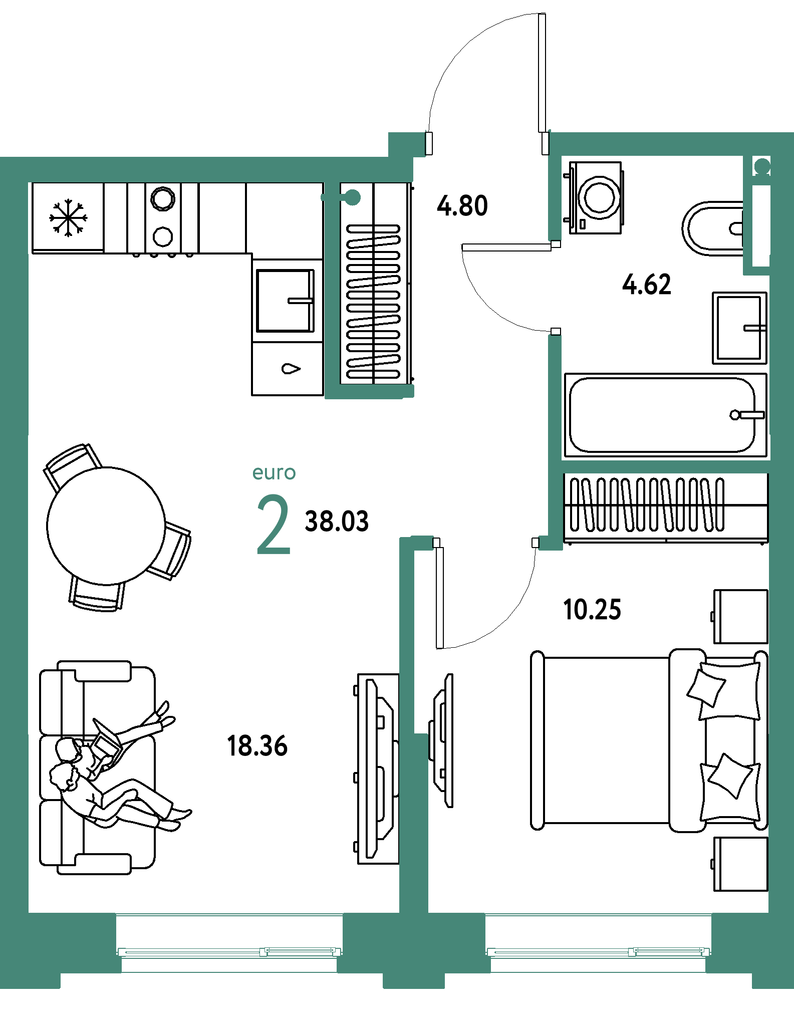 ЖК "Остров-сад"-2-комнатная 38.03 м²