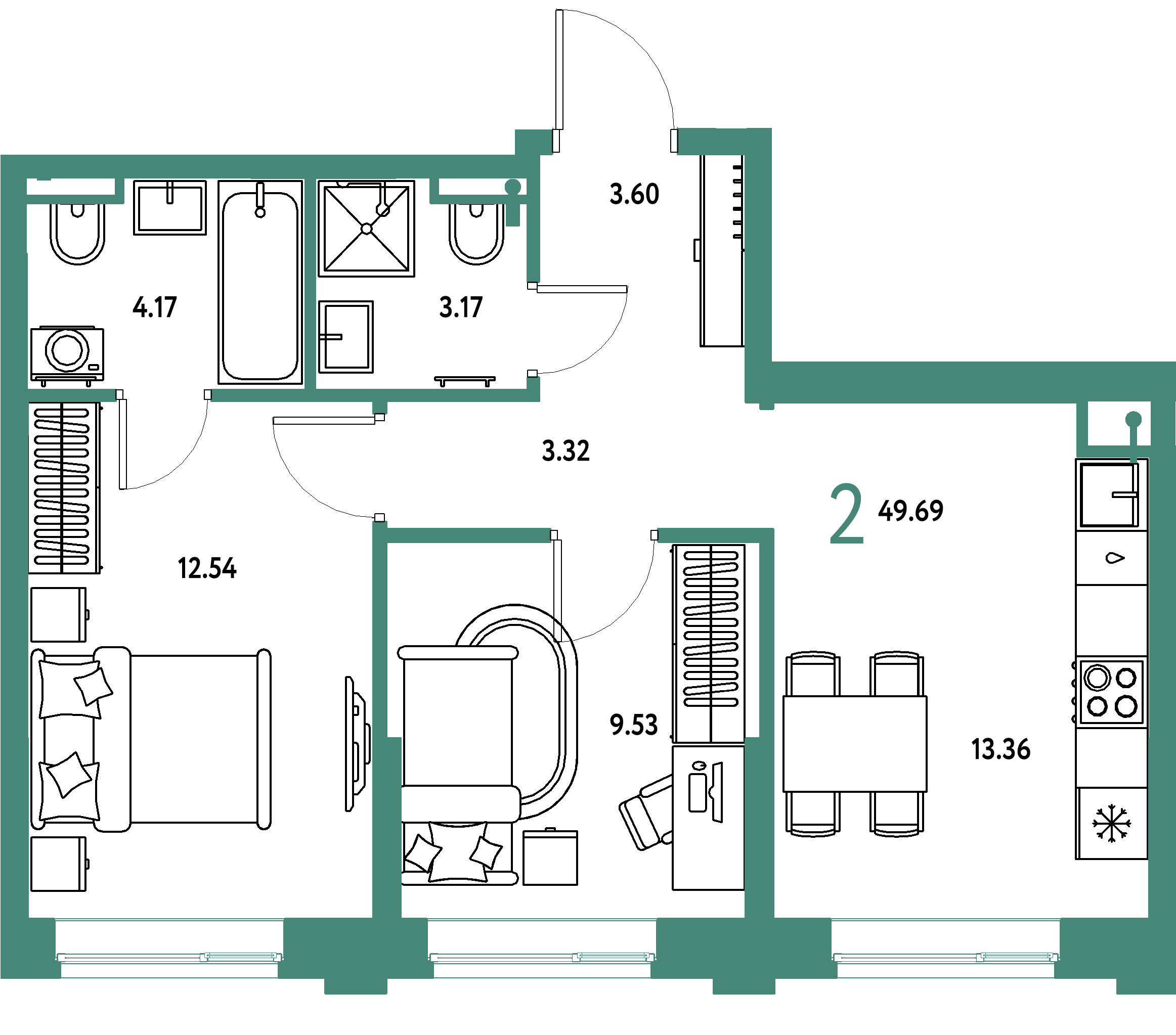 ЖК "Остров-сад"-2-комнатная 49.68 м²