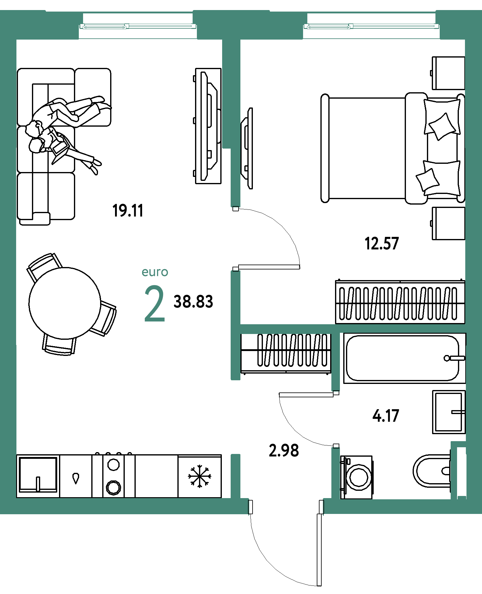 ЖК "Остров-сад"-2-комнатная 38.83 м²