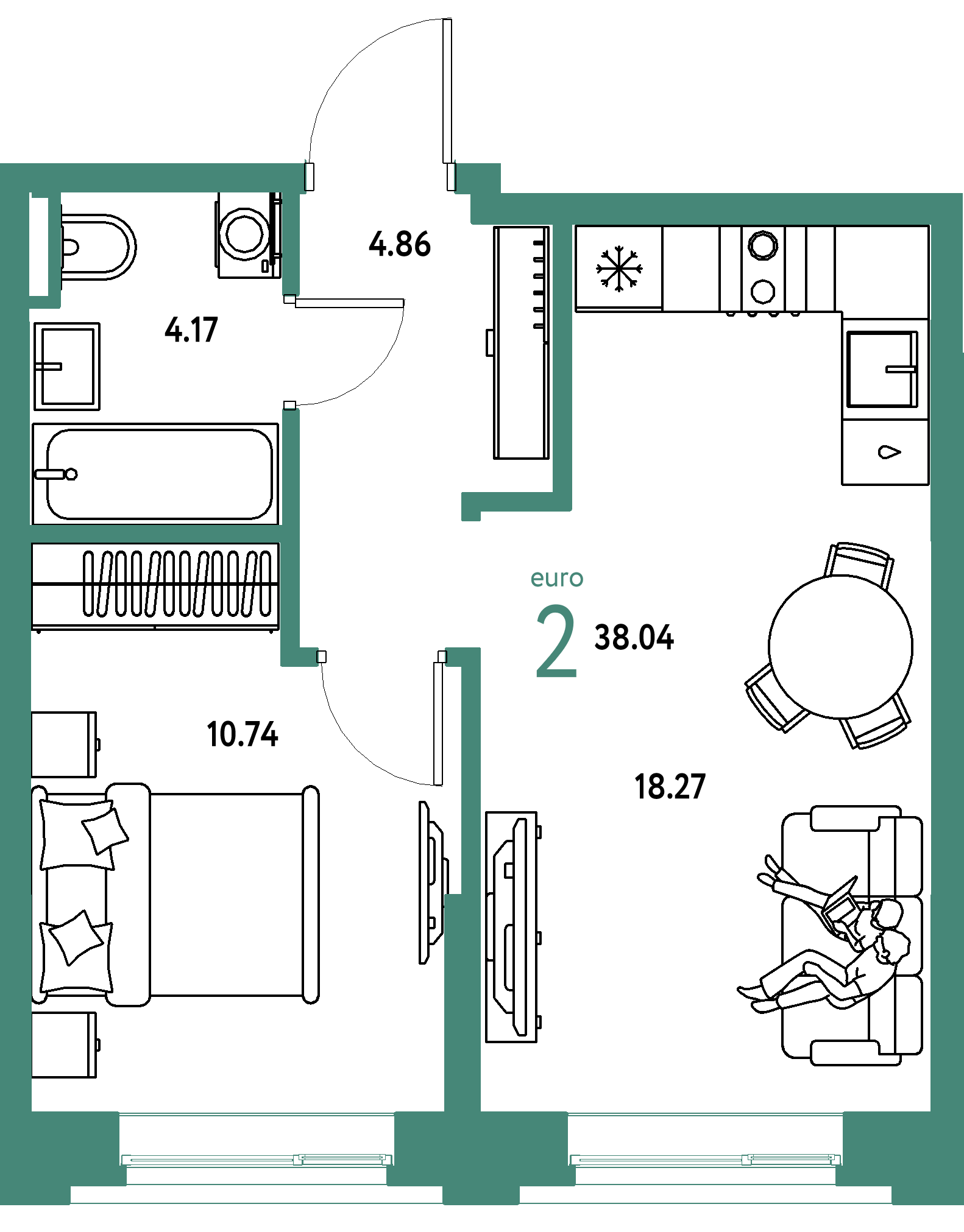 ЖК "Остров-сад"-2-комнатная 38.03 м²