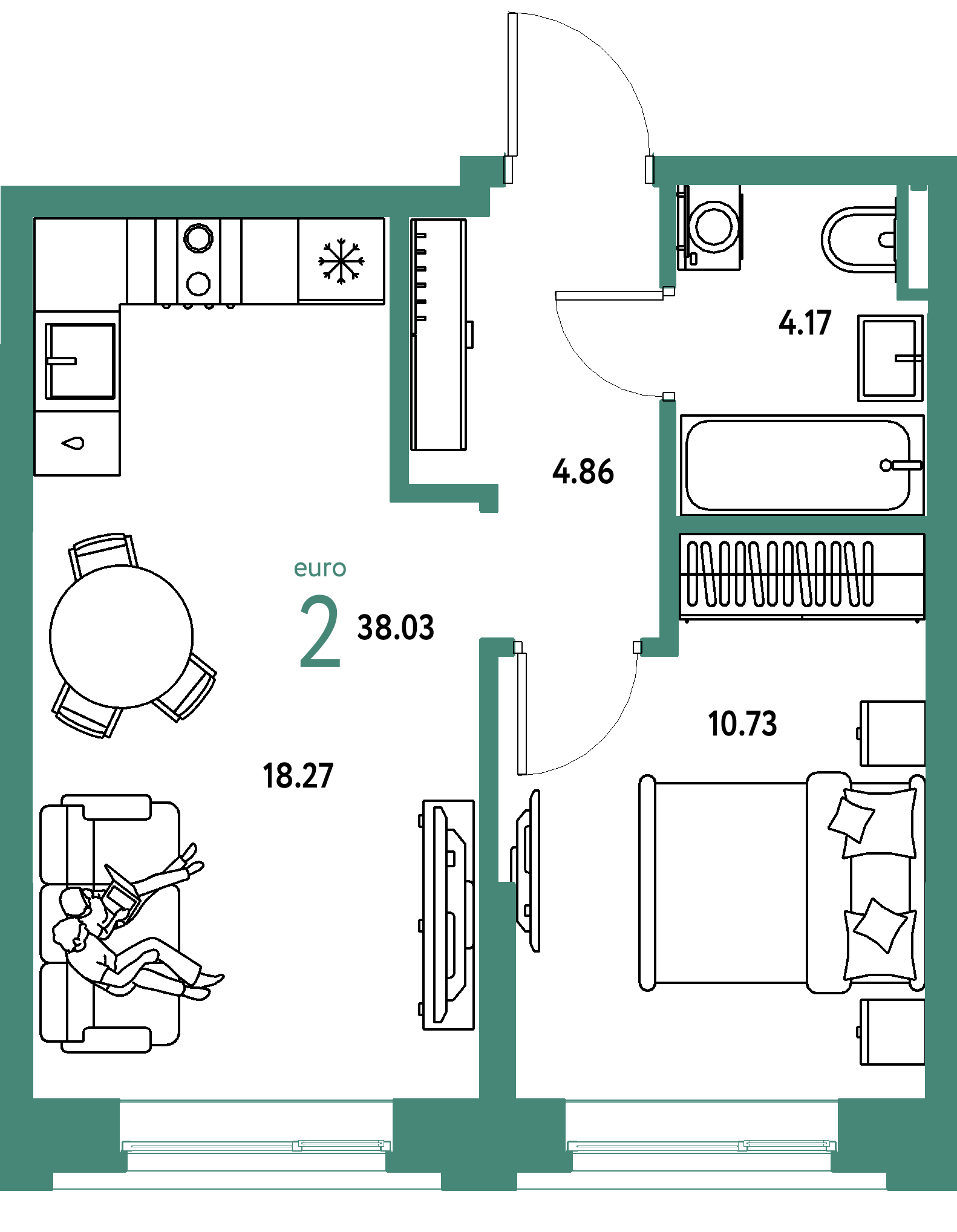 ЖК "Остров-сад"-2-комнатная 38.03 м²