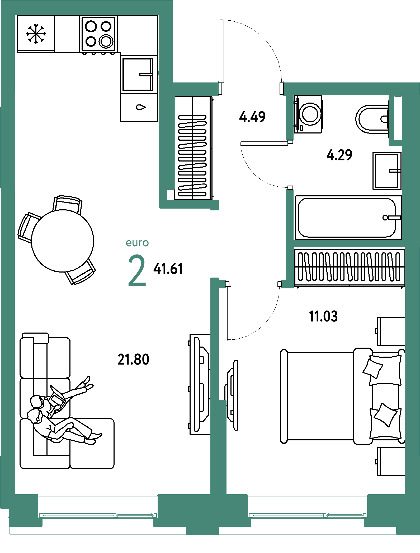 ЖК "Остров-сад"-2-комнатная 41.61 м²