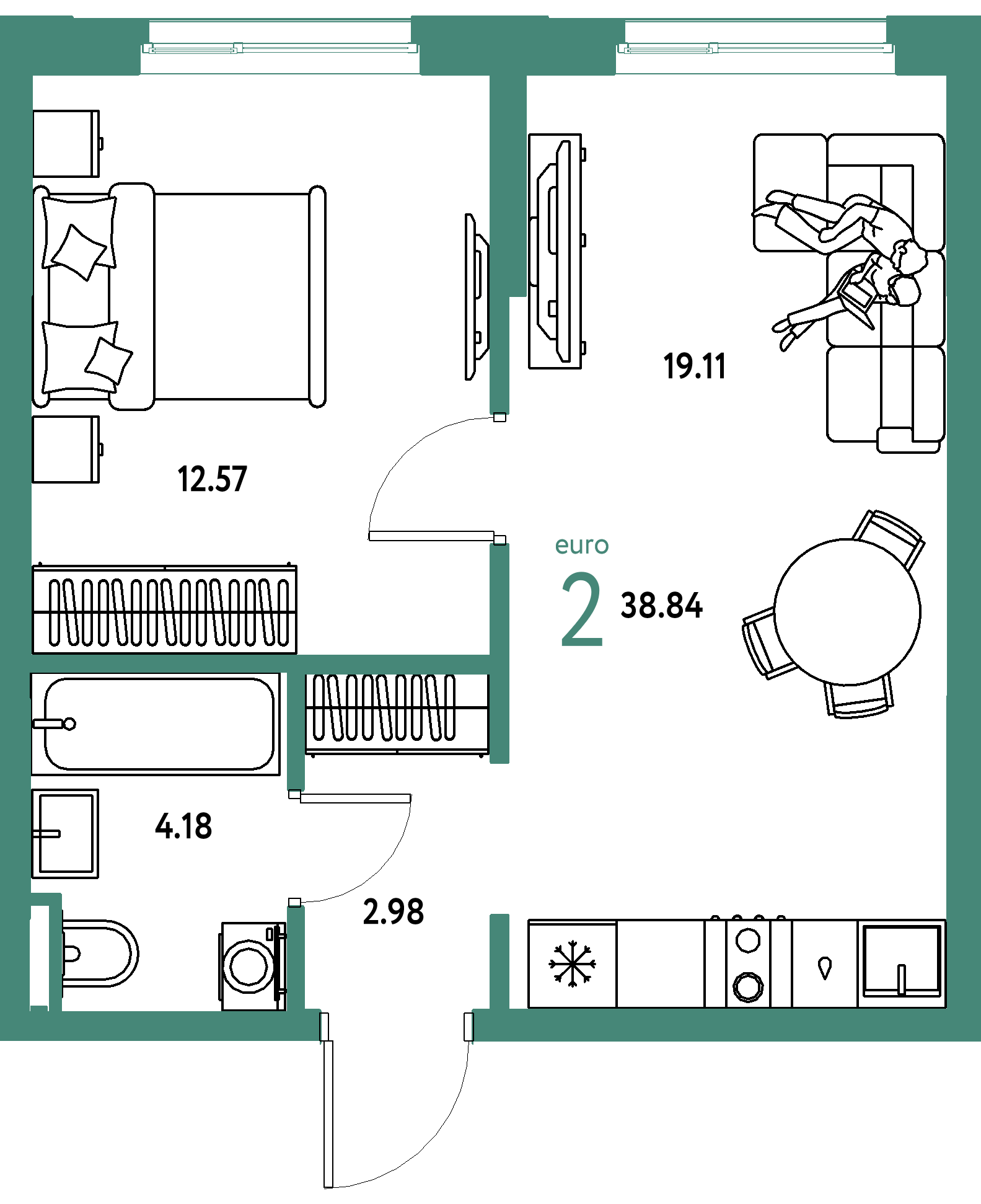 ЖК "Остров-сад"-2-комнатная 38.83 м²