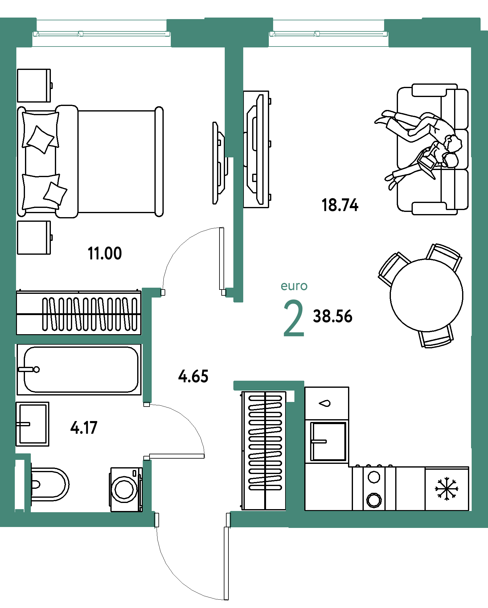 ЖК "Остров-сад"-2-комнатная 38.55 м²