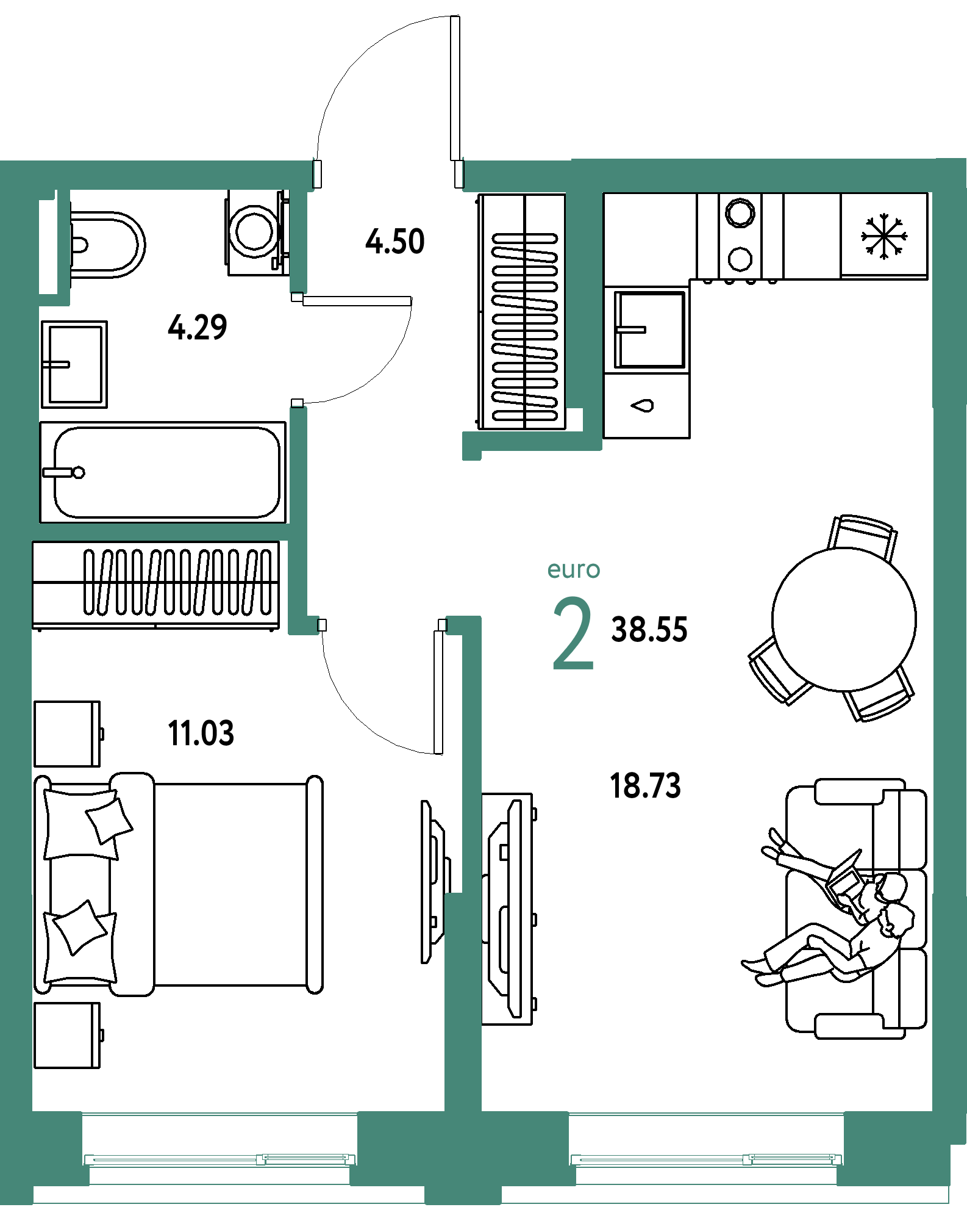 ЖК "Остров-сад"-2-комнатная 38.55 м²