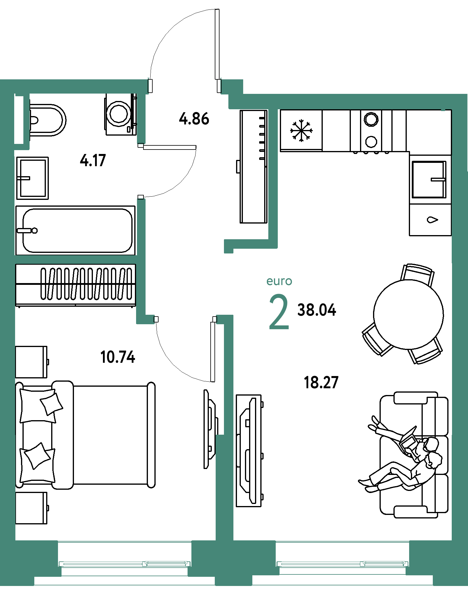 ЖК "Остров-сад"-2-комнатная 38.03 м²