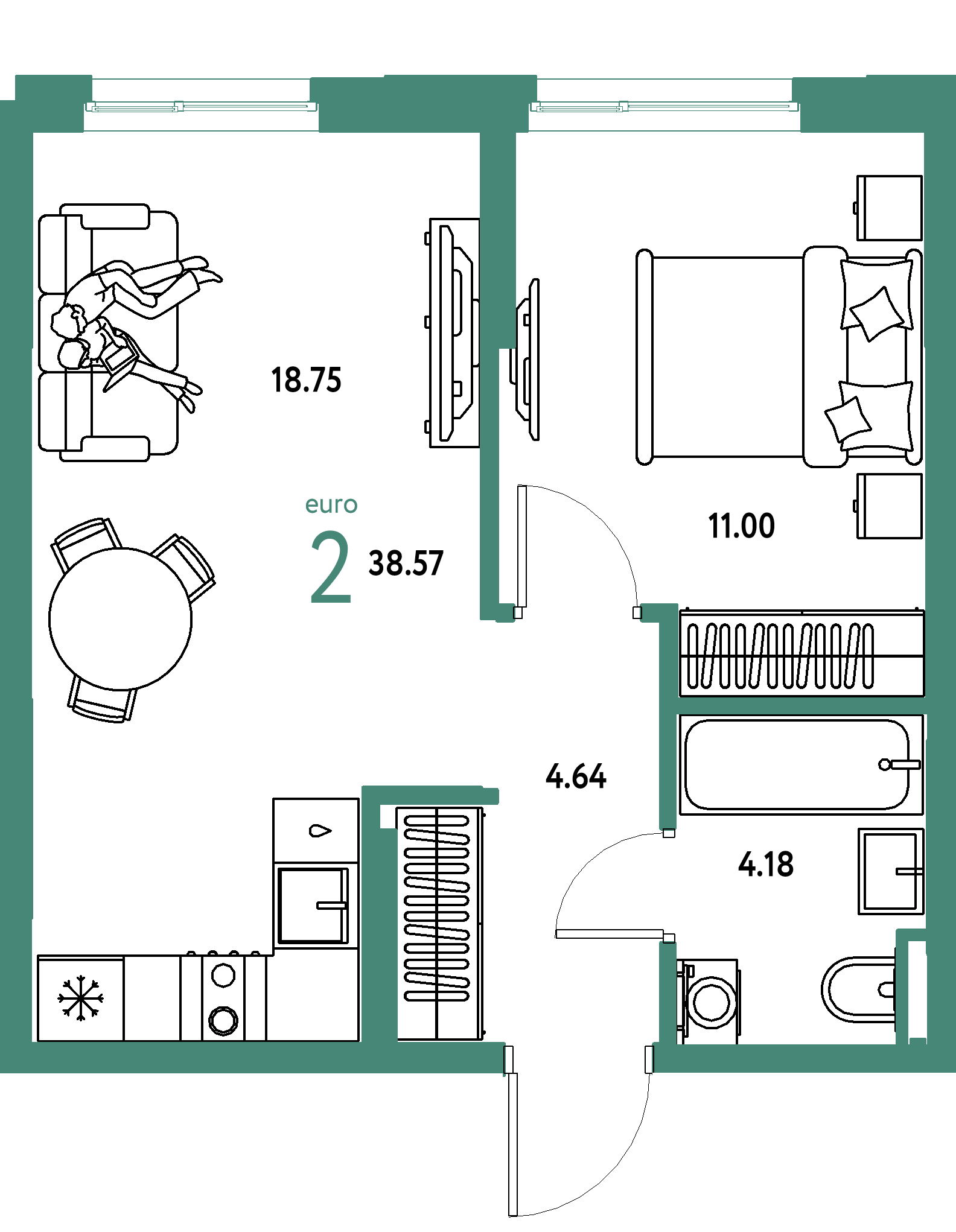 ЖК "Остров-сад"-2-комнатная 38.56 м²
