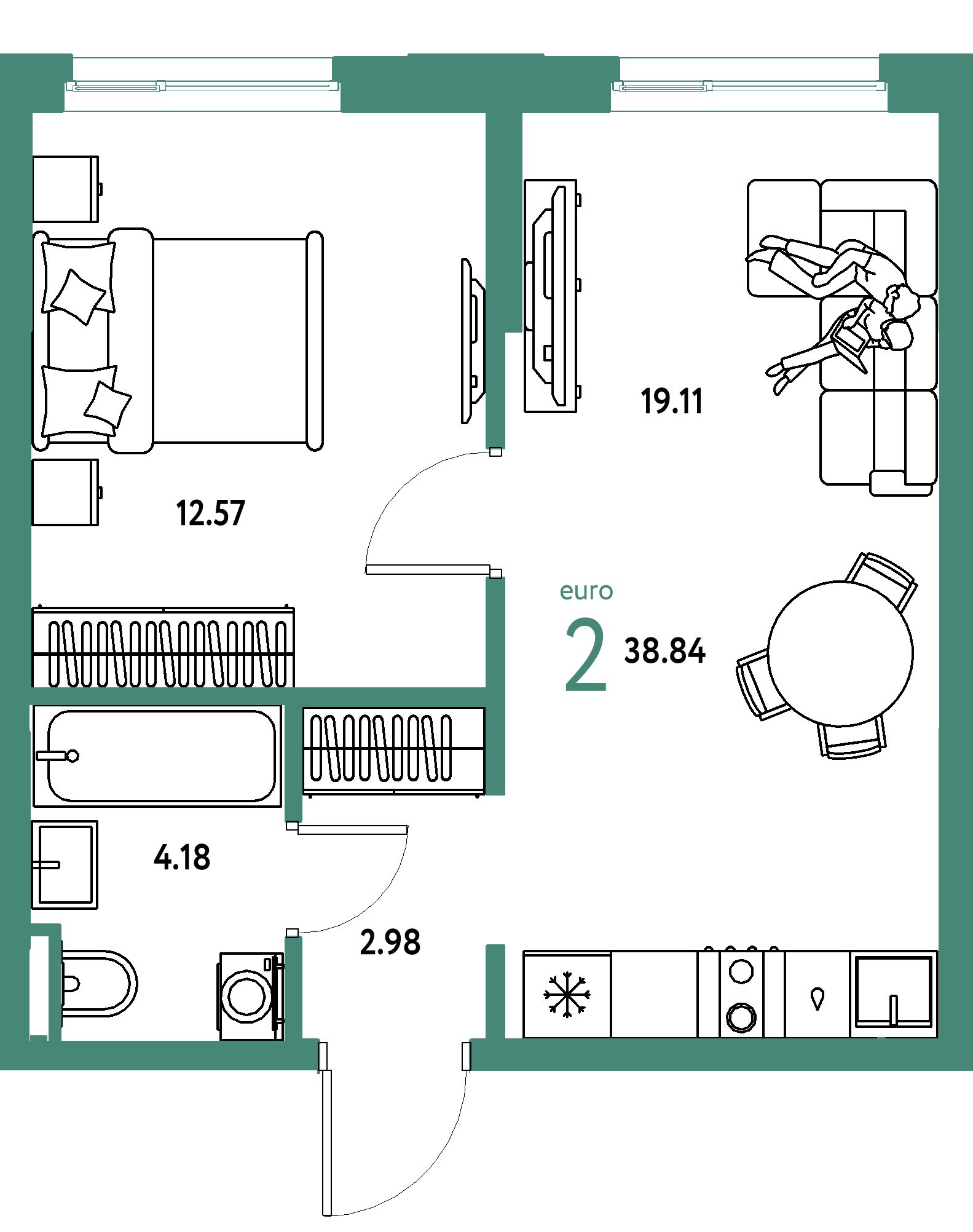 ЖК "Остров-сад"-2-комнатная 38.84 м²