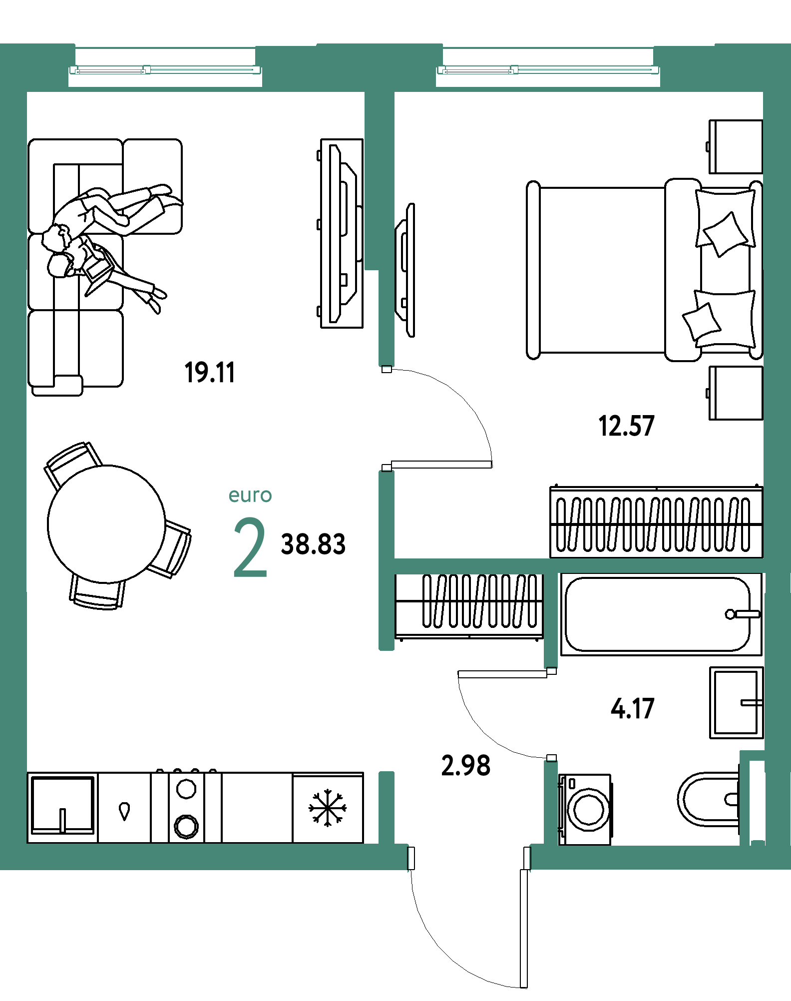 ЖК "Остров-сад"-2-комнатная 38.83 м²