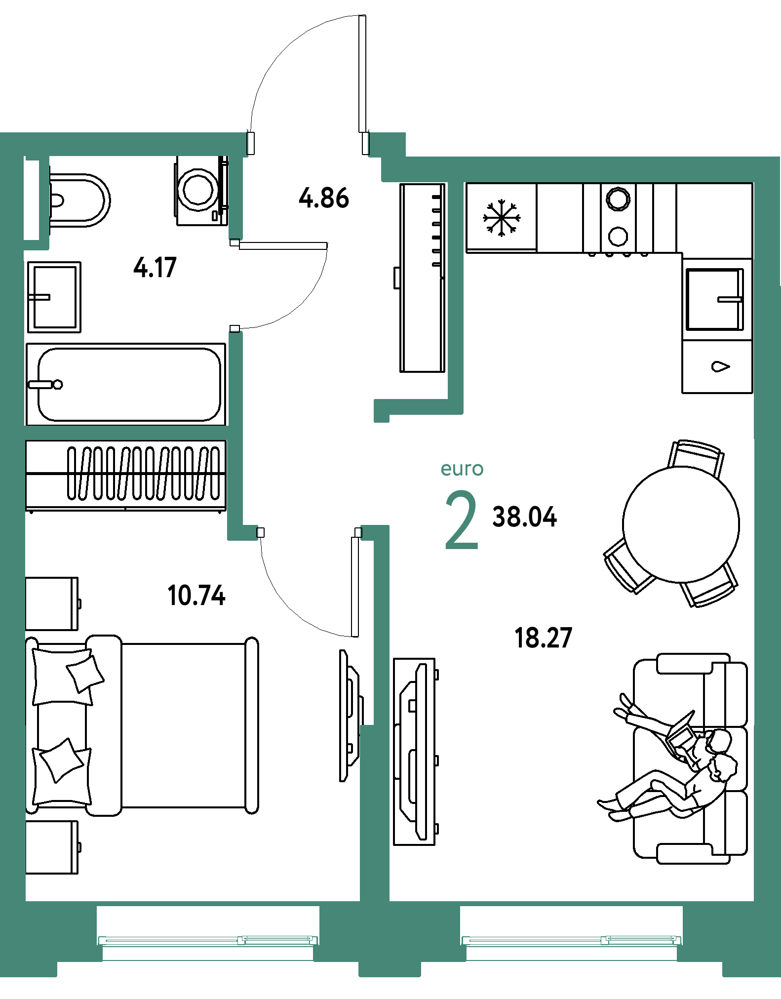 ЖК "Остров-сад"-2-комнатная 38.03 м²