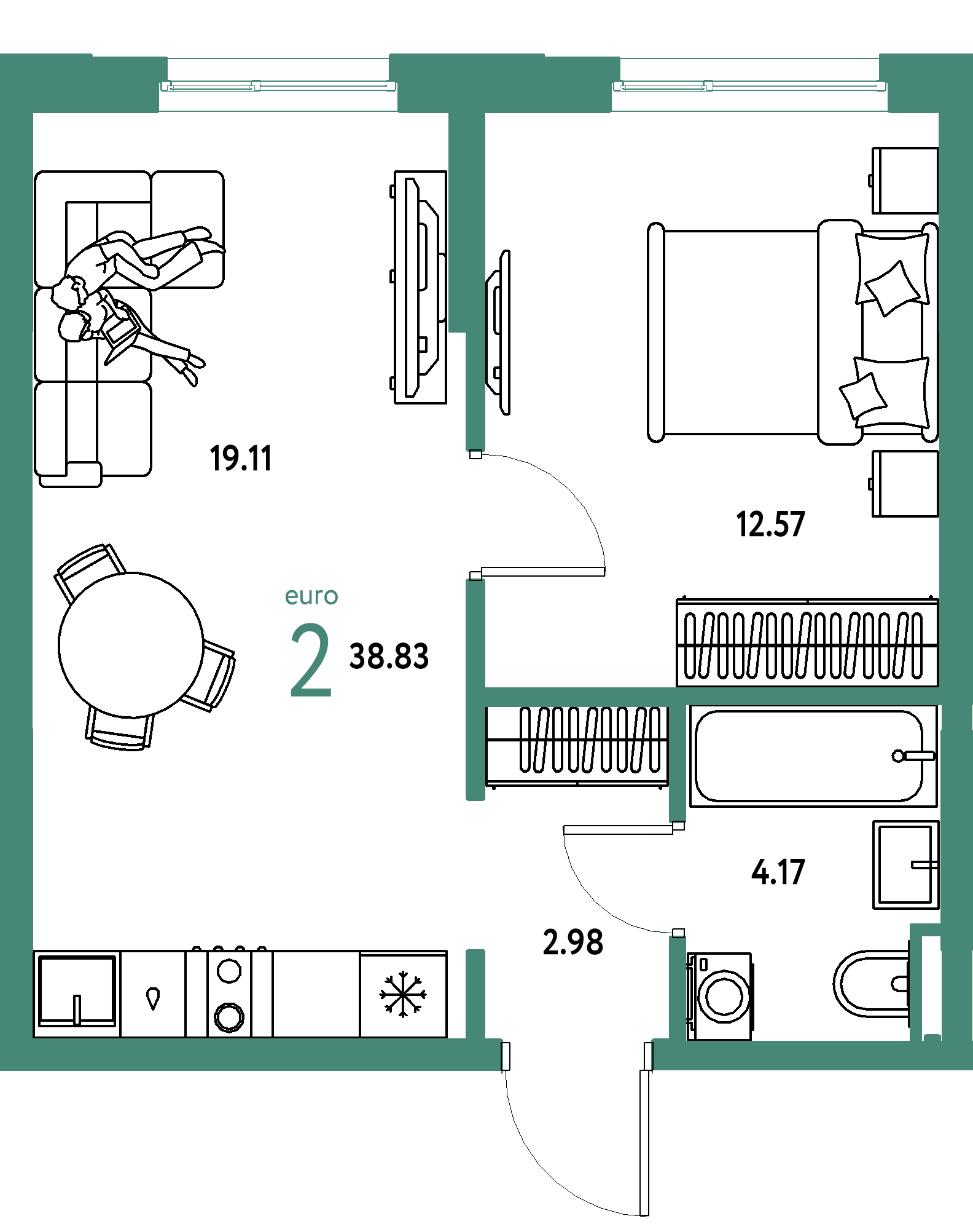 ЖК "Остров-сад"-2-комнатная 38.83 м²