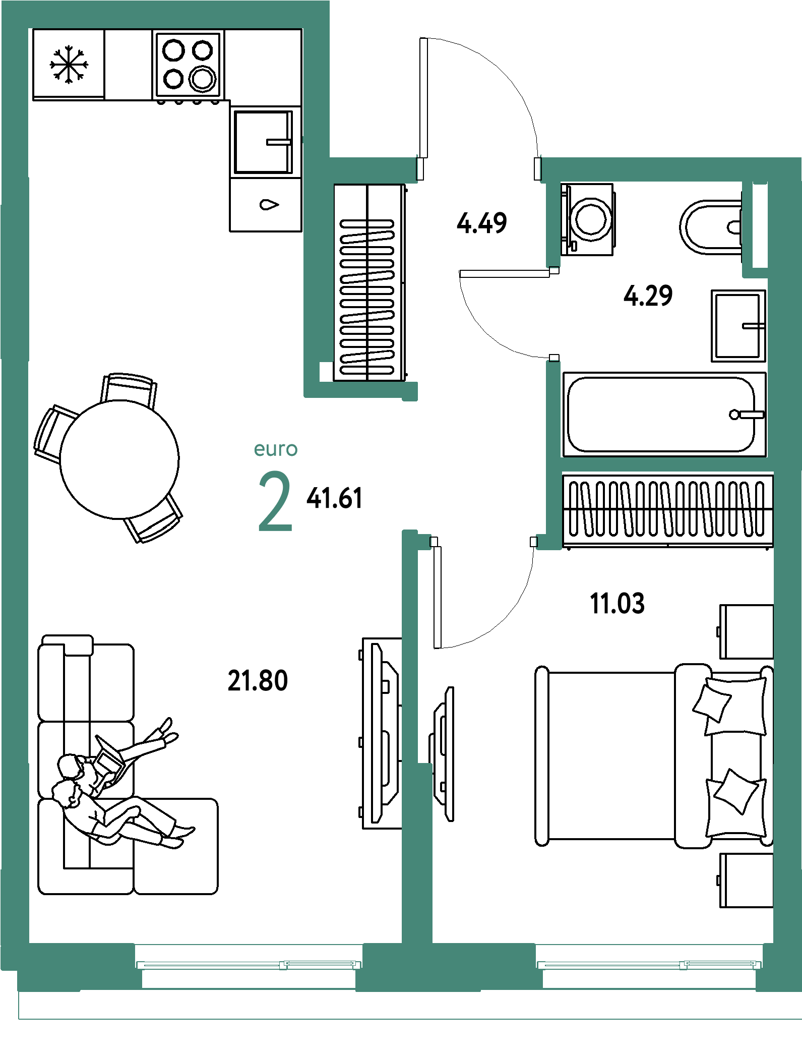 ЖК "Остров-сад"-2-комнатная 41.61 м²