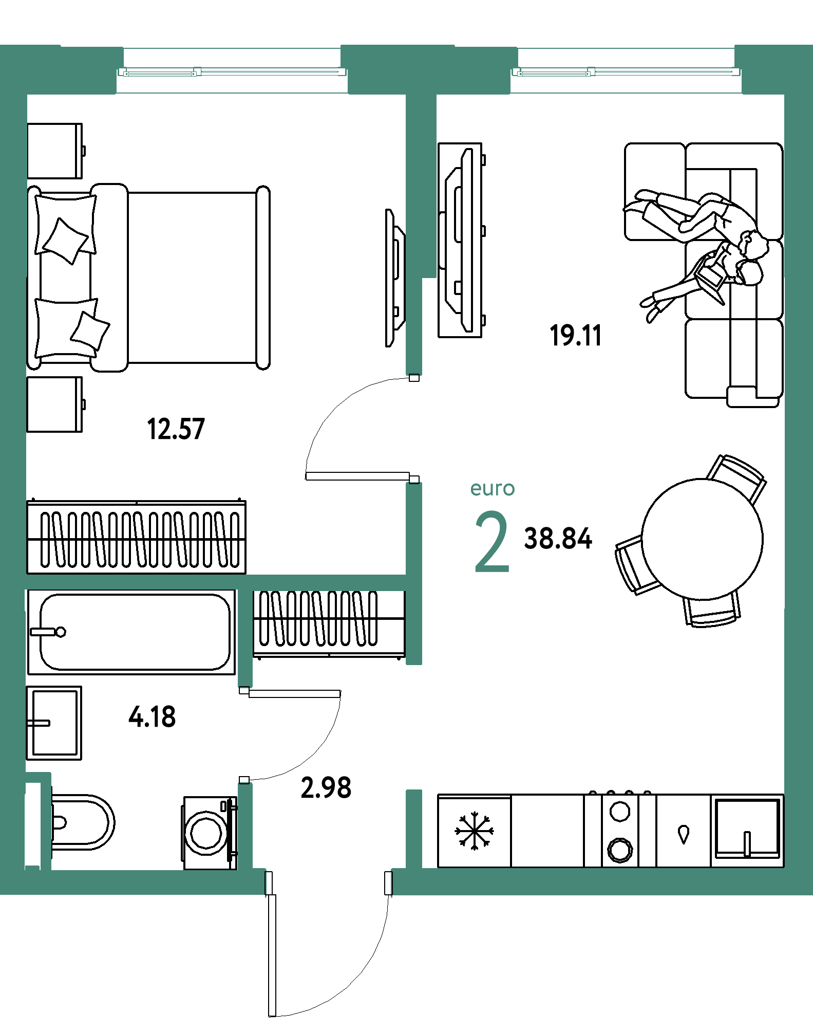 ЖК "Остров-сад"-2-комнатная 38.83 м²