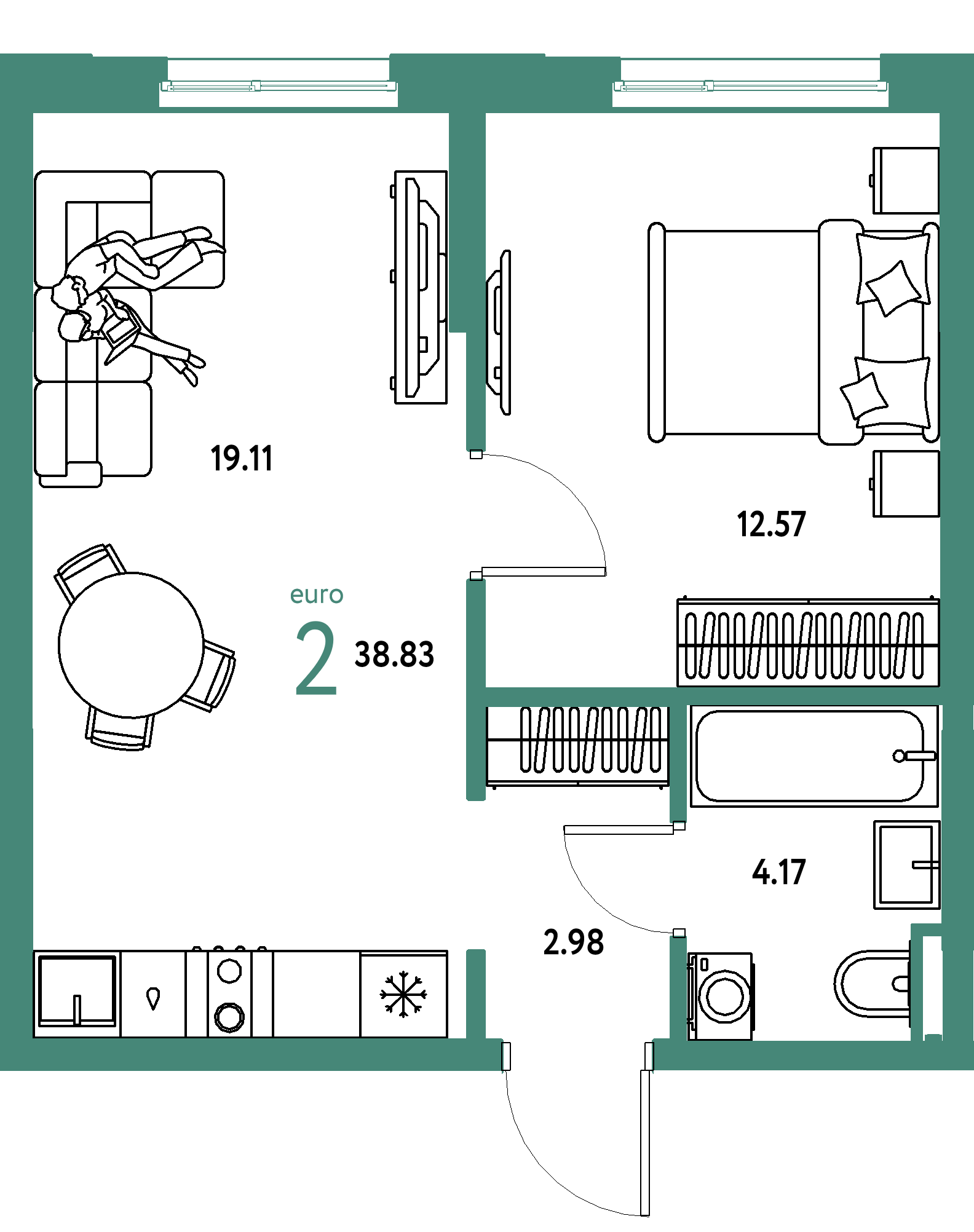 ЖК "Остров-сад"-2-комнатная 38.83 м²