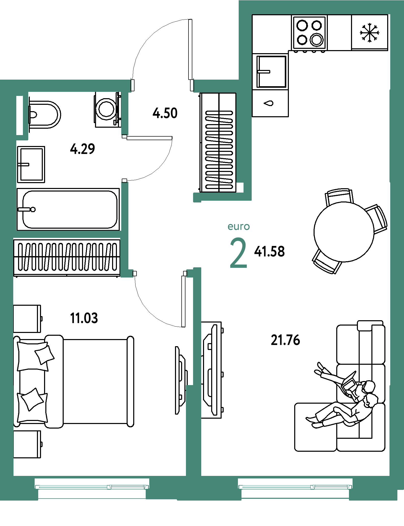 ЖК "Остров-сад"-2-комнатная 41.59 м²