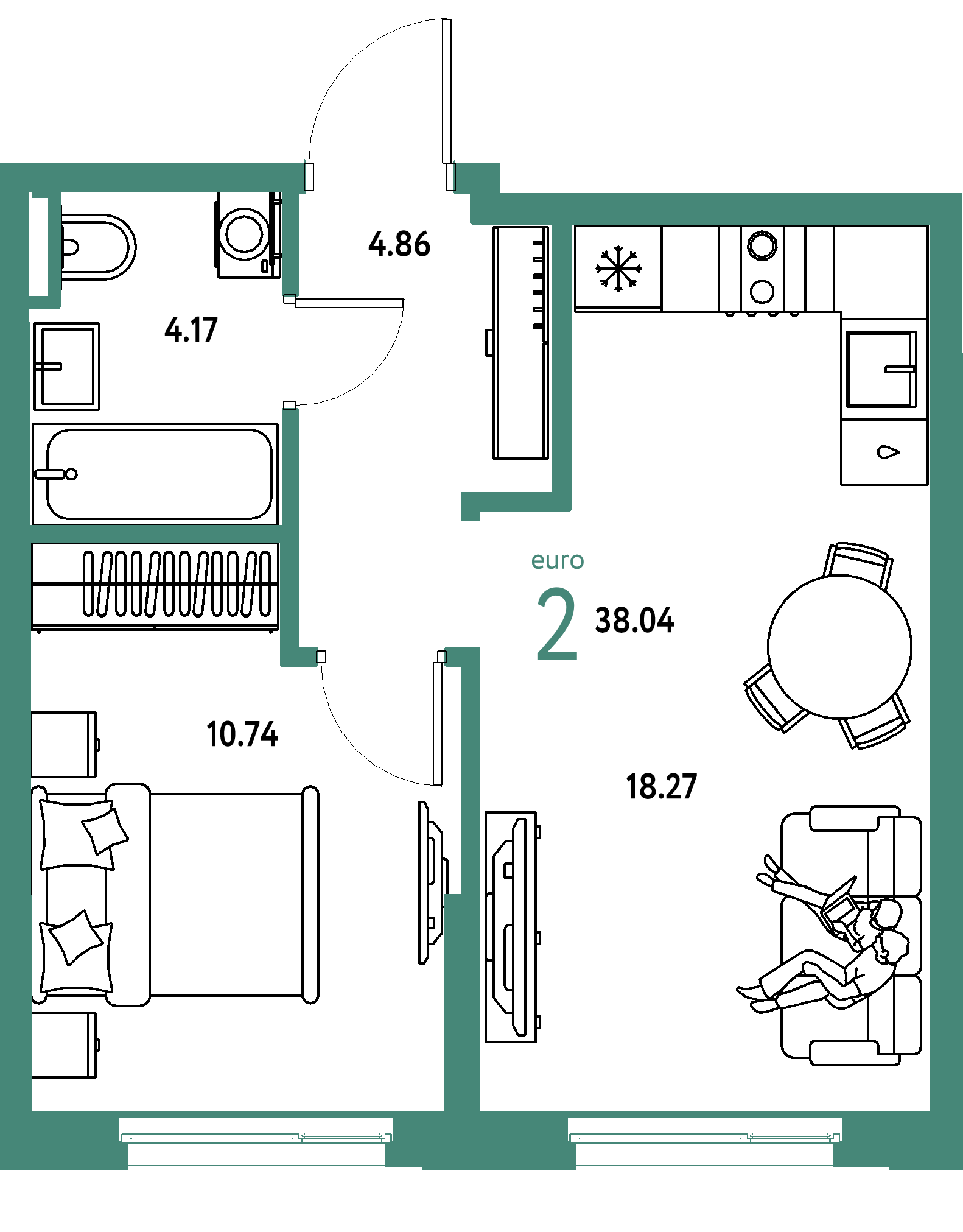 ЖК "Остров-сад"-2-комнатная 38.03 м²