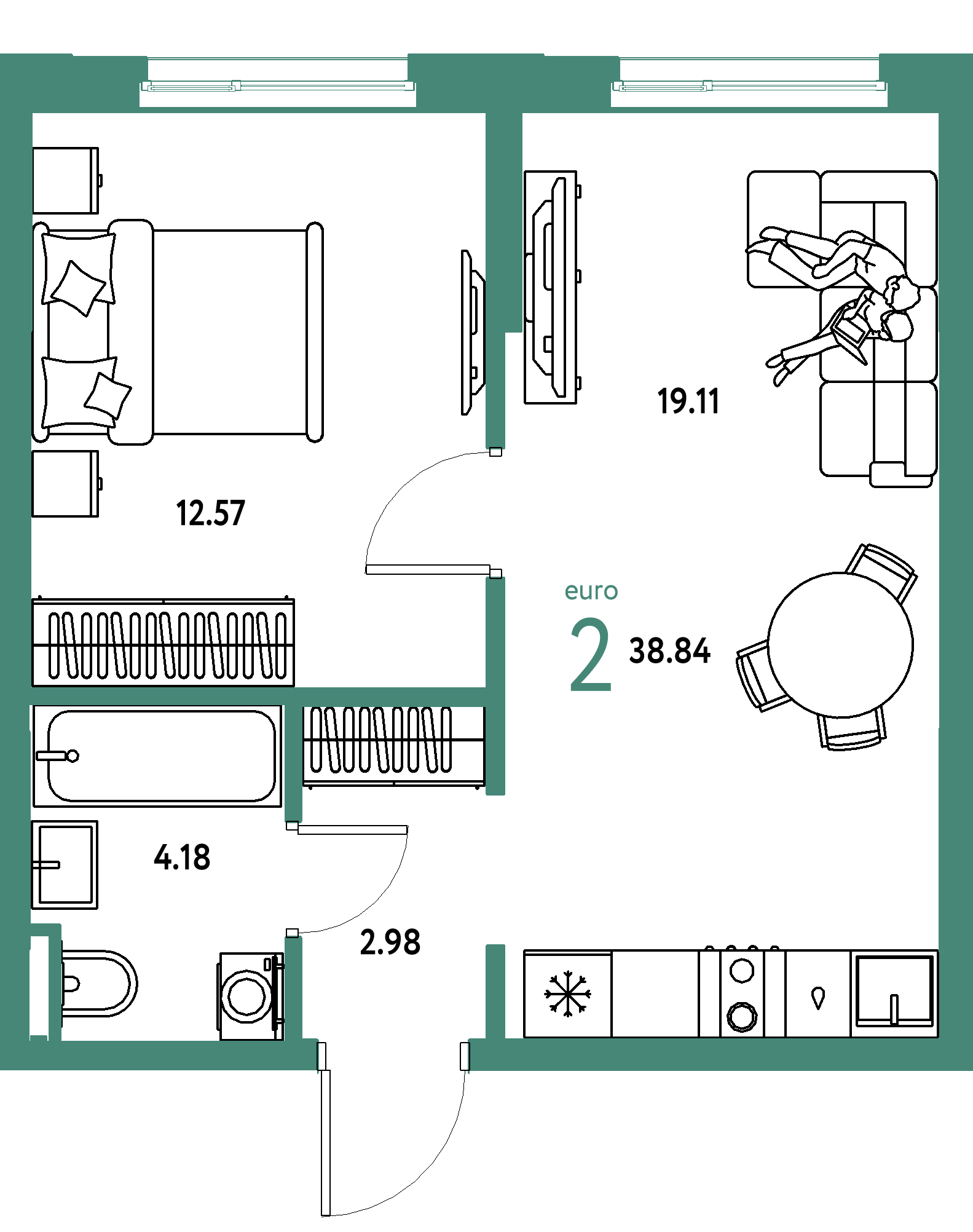 ЖК "Остров-сад"-2-комнатная 38.83 м²