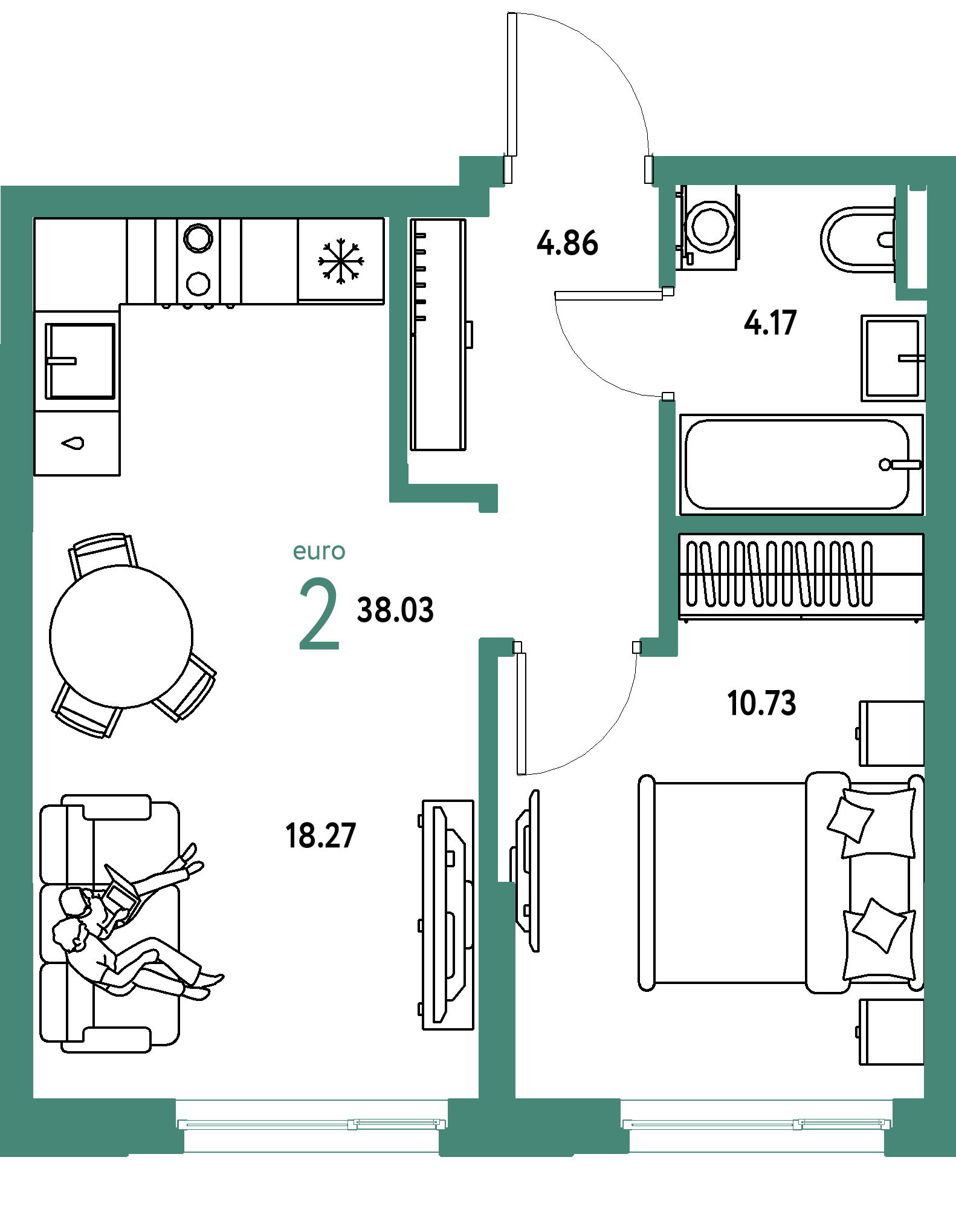 ЖК "Остров-сад"-2-комнатная 38.03 м²