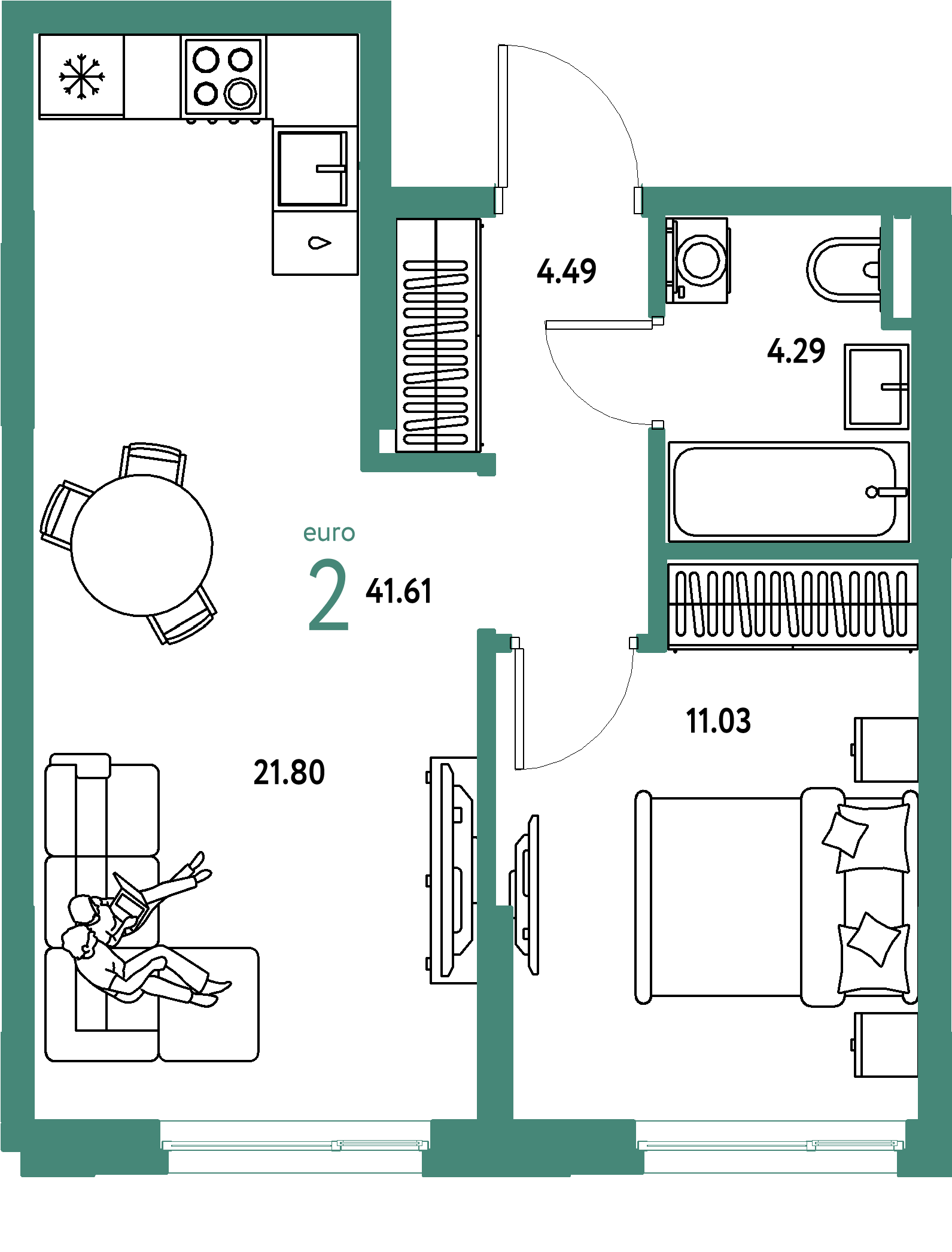 ЖК "Остров-сад"-2-комнатная 41.61 м²
