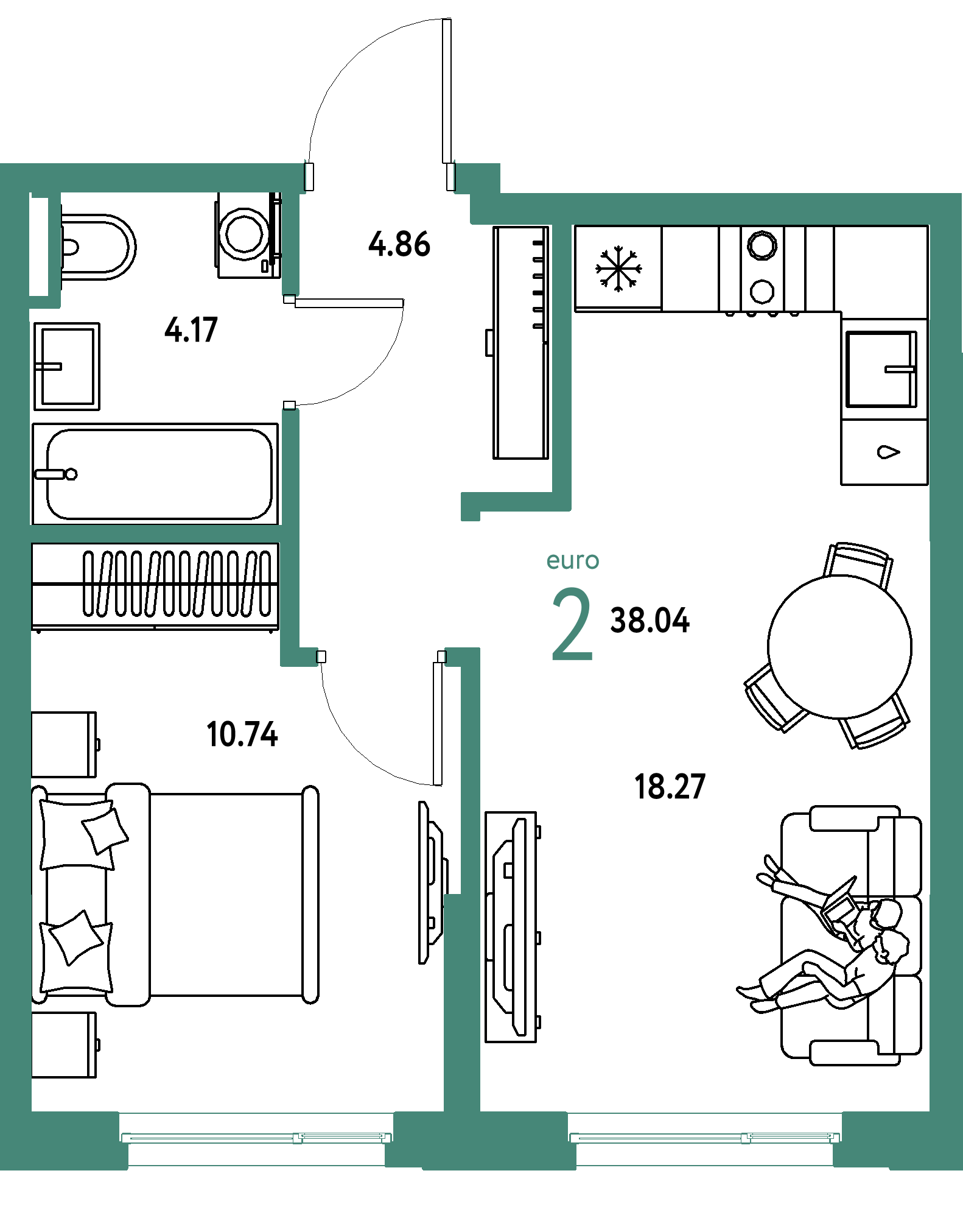 ЖК "Остров-сад"-2-комнатная 38.03 м²