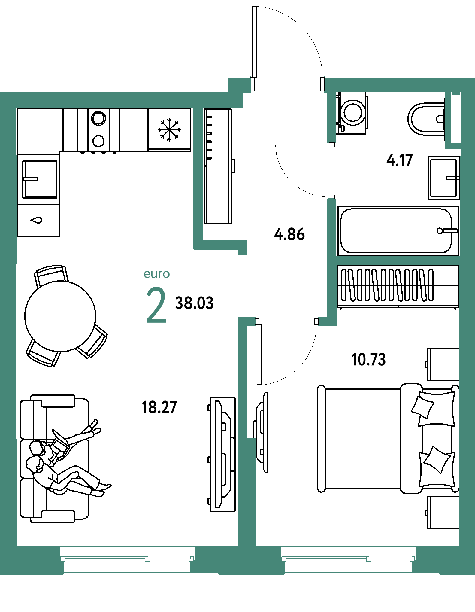 ЖК "Остров-сад"-2-комнатная 38.03 м²