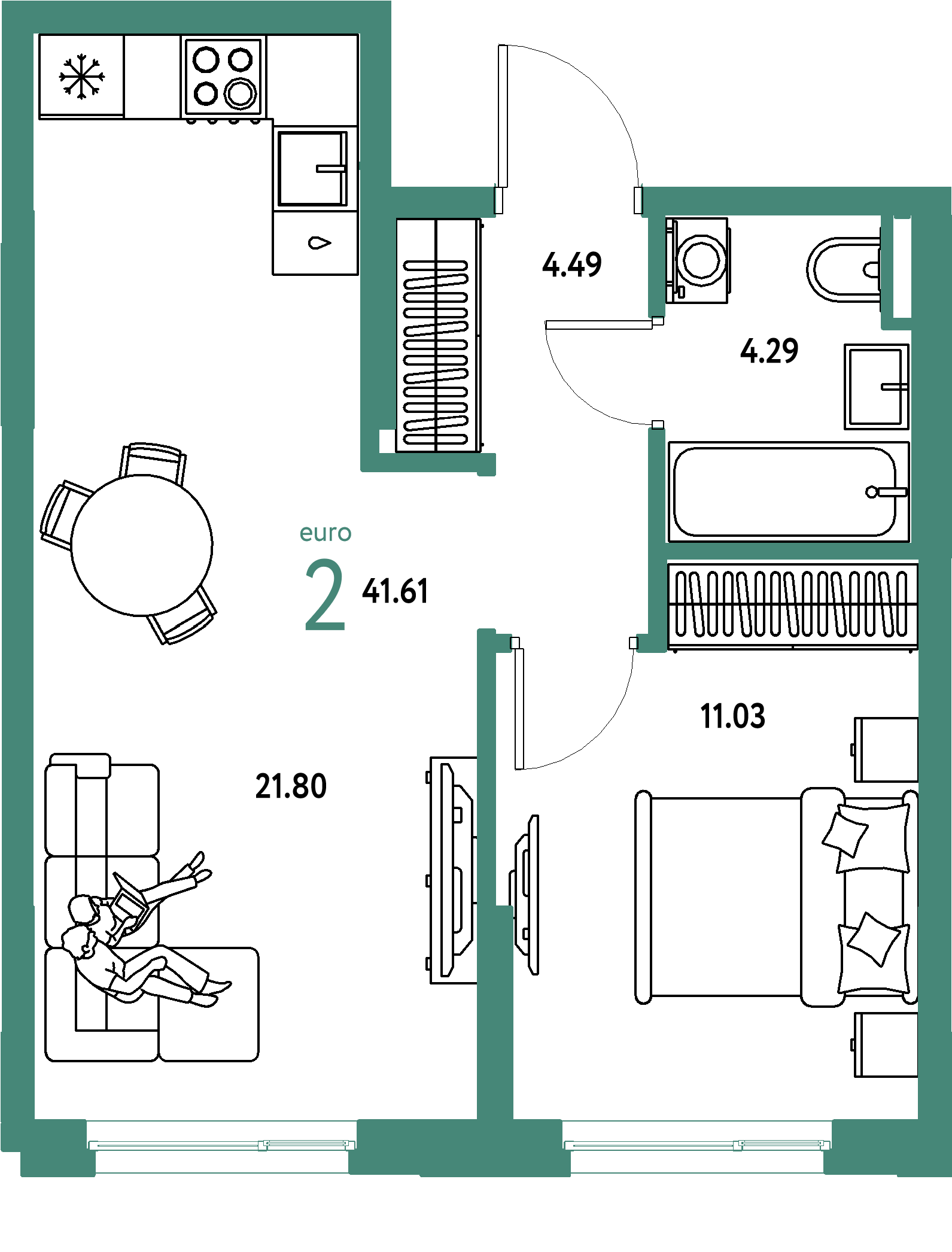 ЖК "Остров-сад"-2-комнатная 41.61 м²