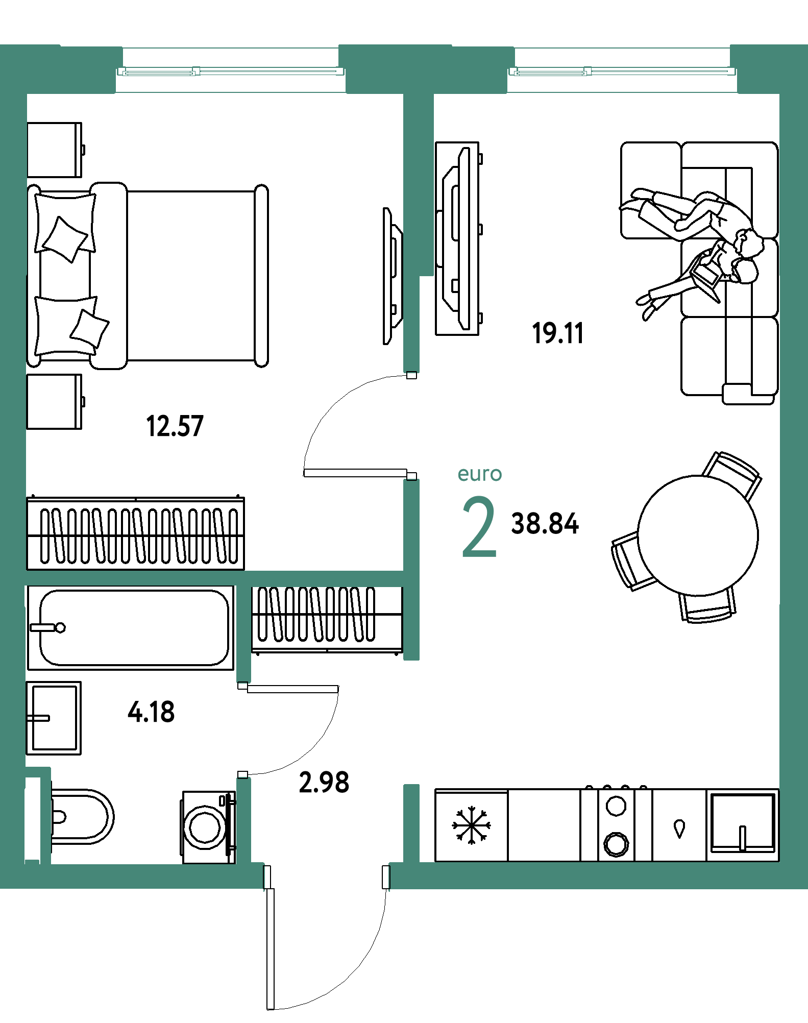 ЖК "Остров-сад"-2-комнатная 38.83 м²