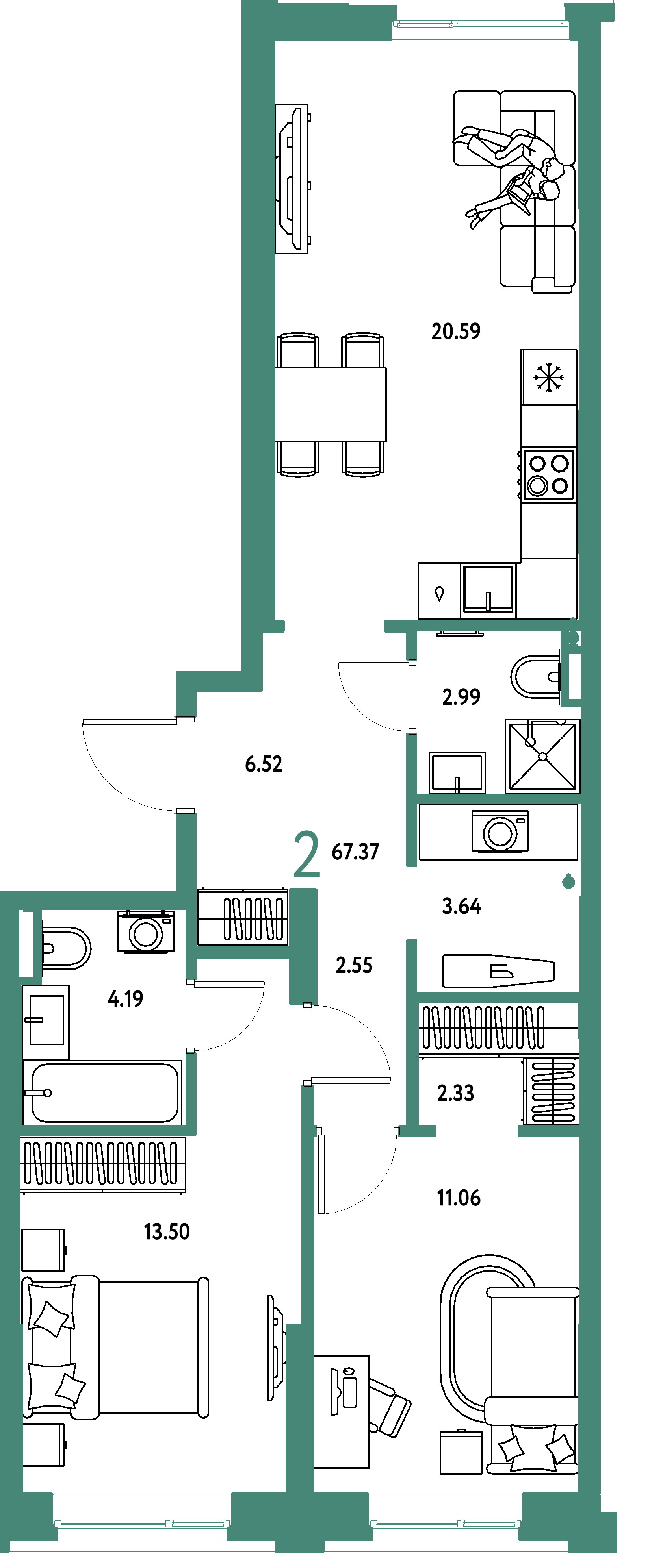 ЖК "Остров-сад"-2-комнатная 67.55 м²