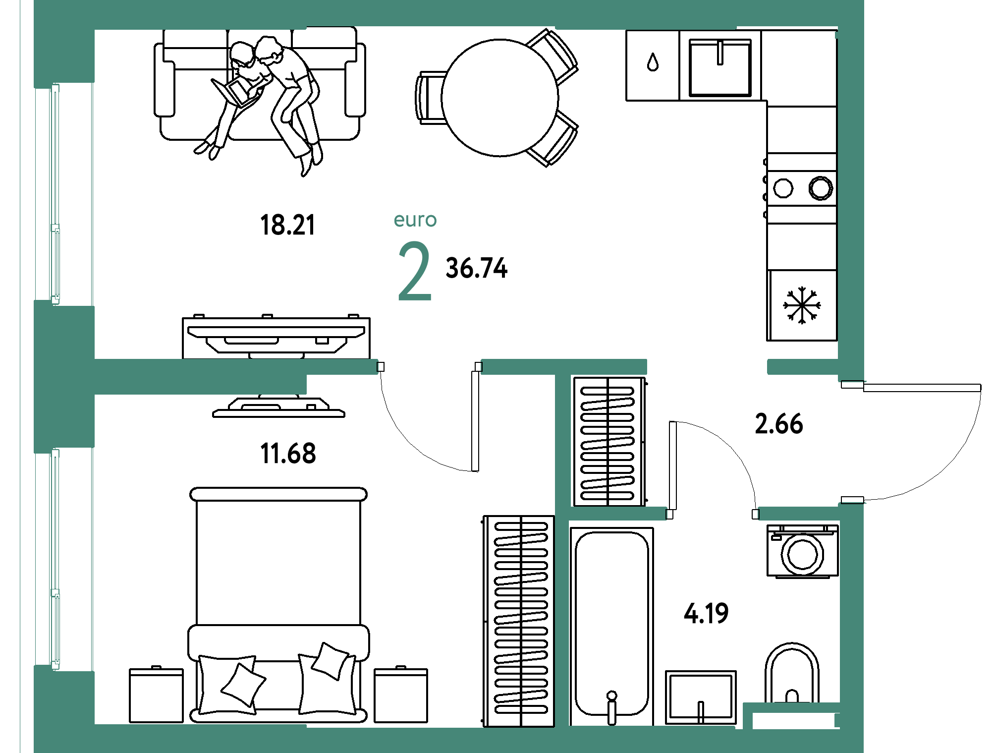 ЖК "Остров-сад"-2-комнатная 36.74 м²