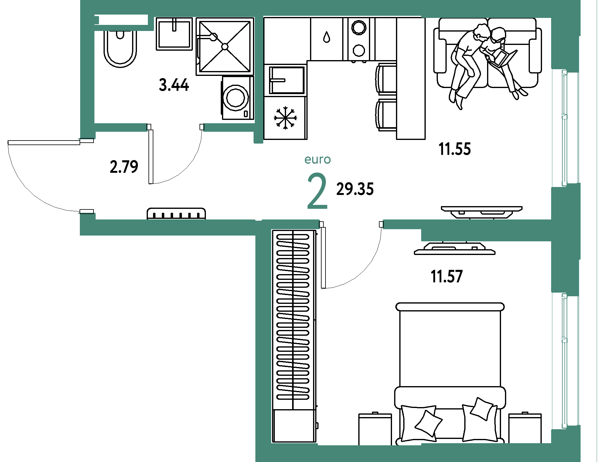 ЖК "Остров-сад"-2-комнатная 29.35 м²