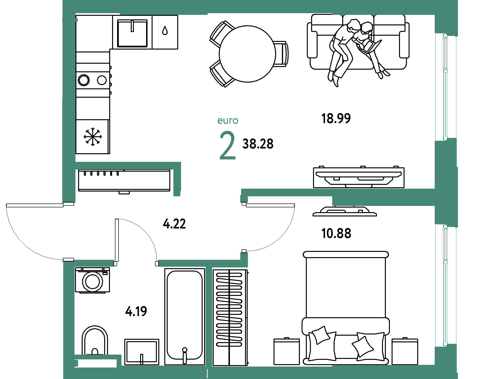 ЖК "Остров-сад"-2-комнатная 38.28 м²