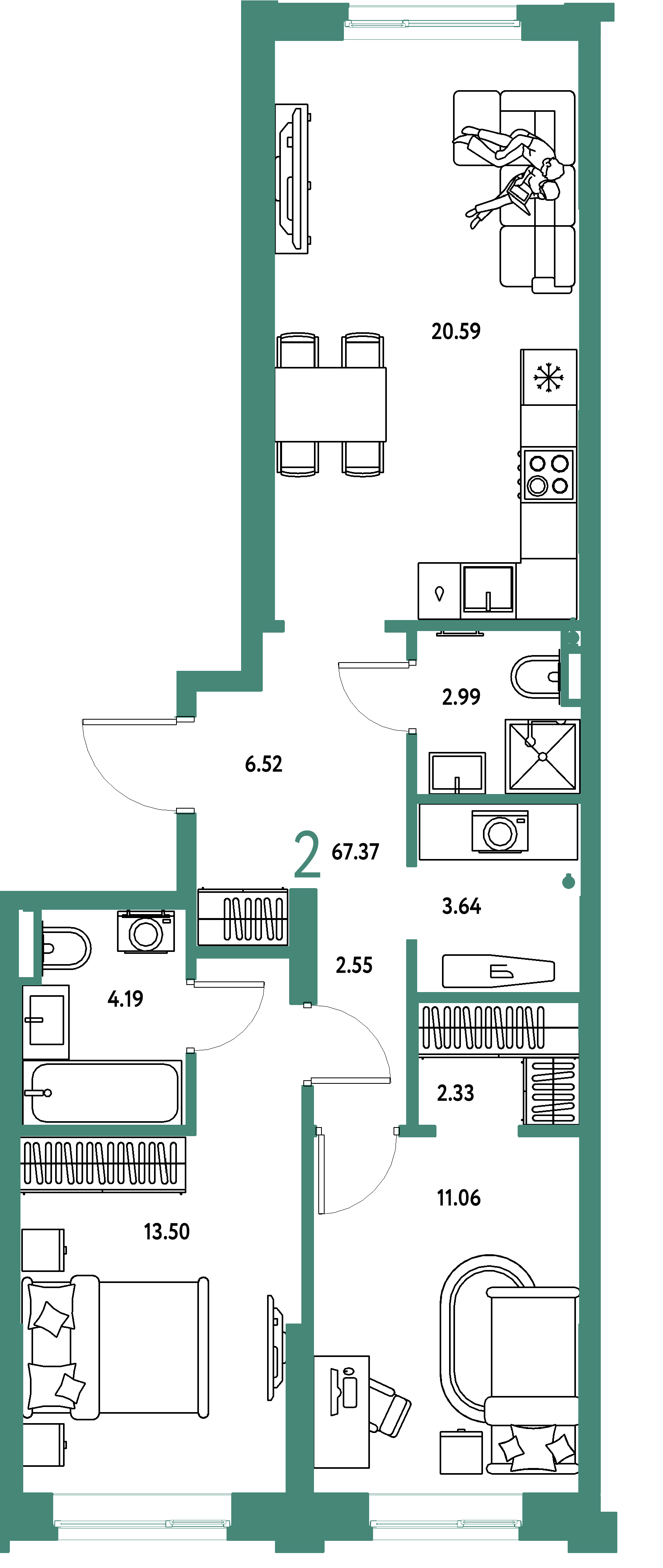 ЖК "Остров-сад"-2-комнатная 67.55 м²