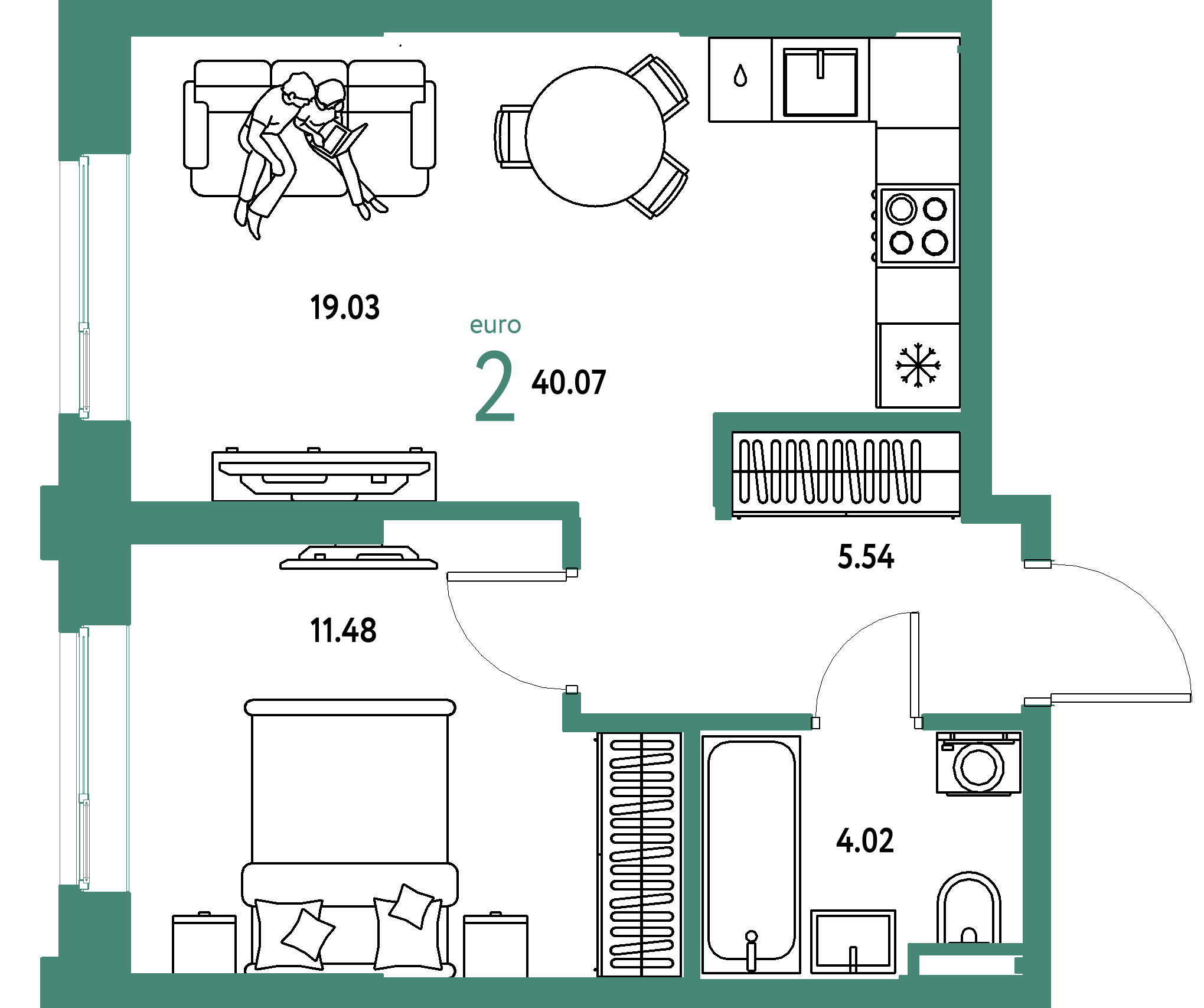 ЖК "Остров-сад"-2-комнатная 40.07 м²