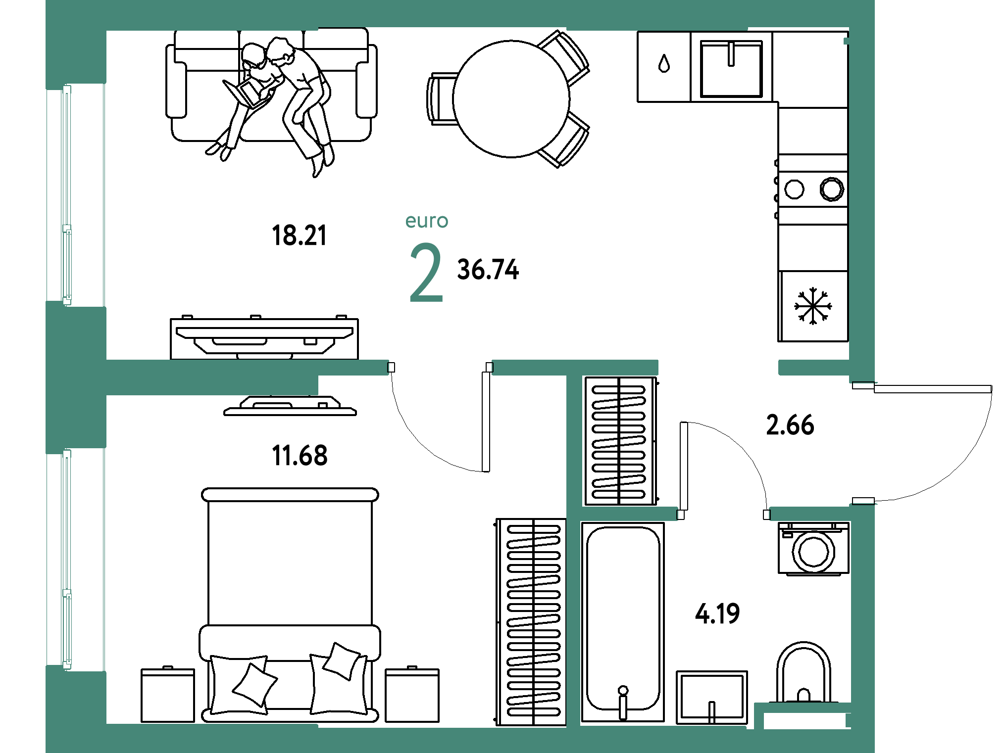 ЖК "Остров-сад"-2-комнатная 36.74 м²
