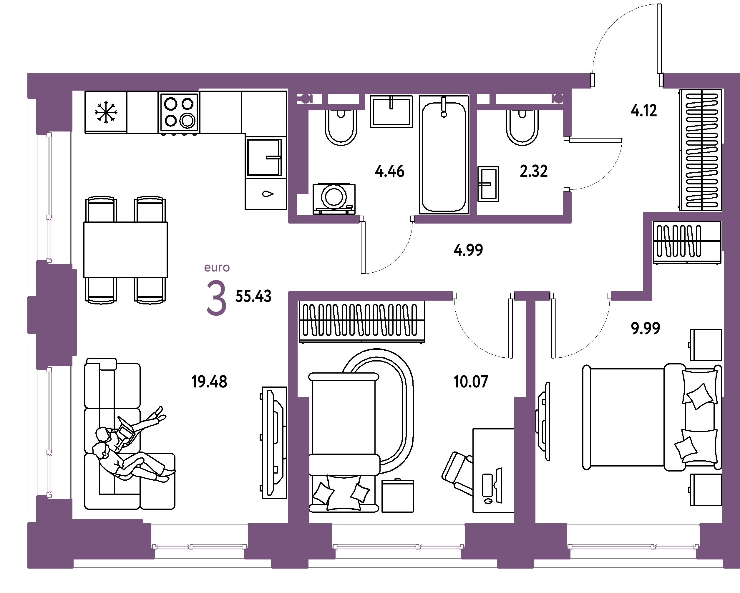 ЖК "Остров-сад"-3-комнатная 55.42 м²