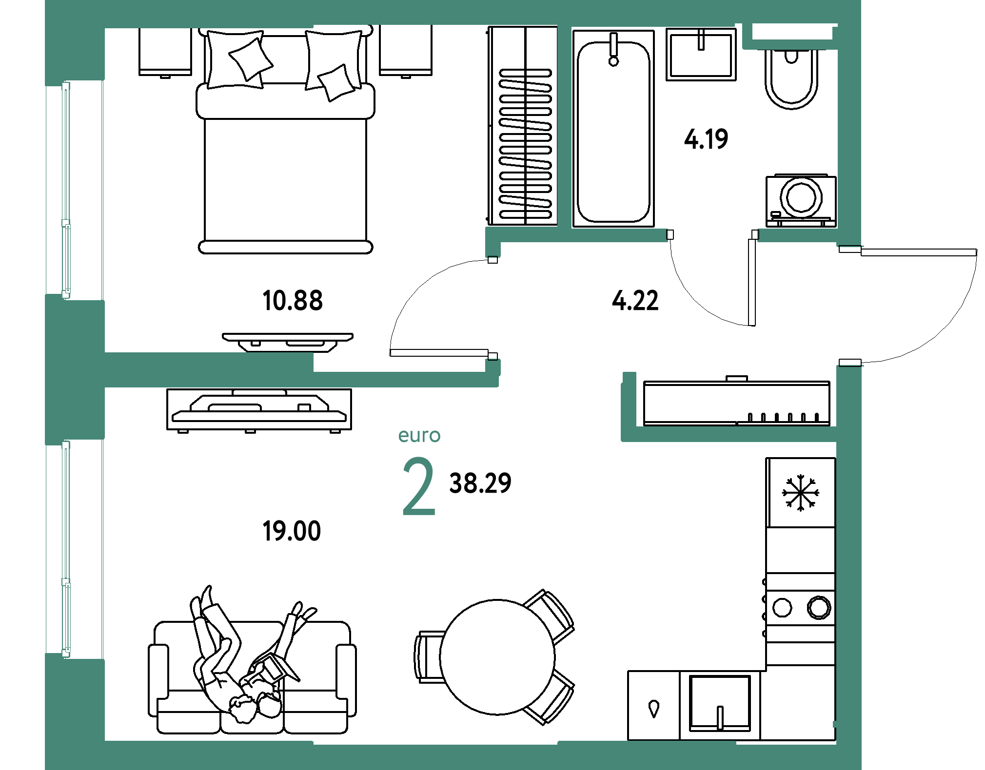 ЖК "Остров-сад"-2-комнатная 38.29 м²