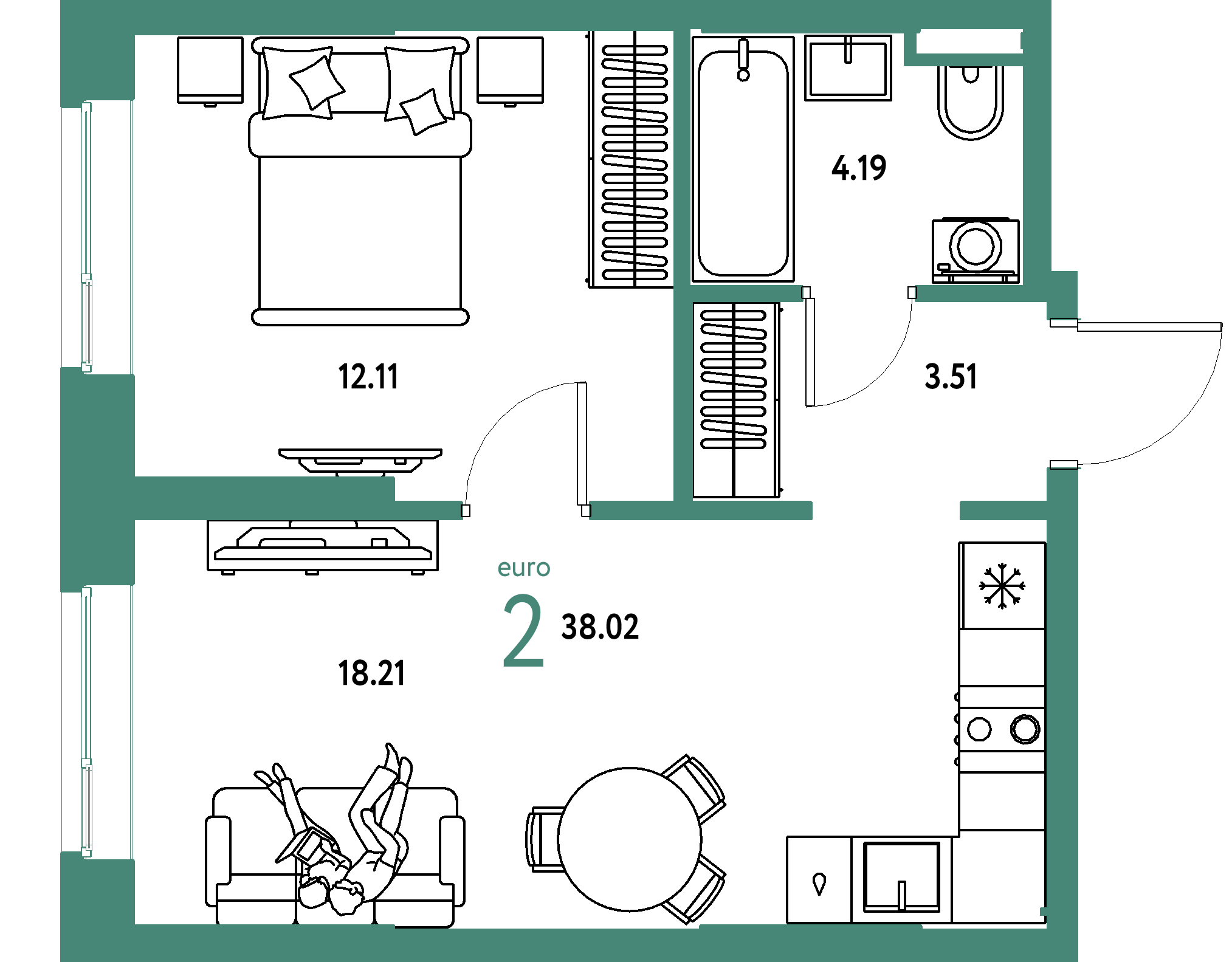 ЖК "Остров-сад"-2-комнатная 38.02 м²