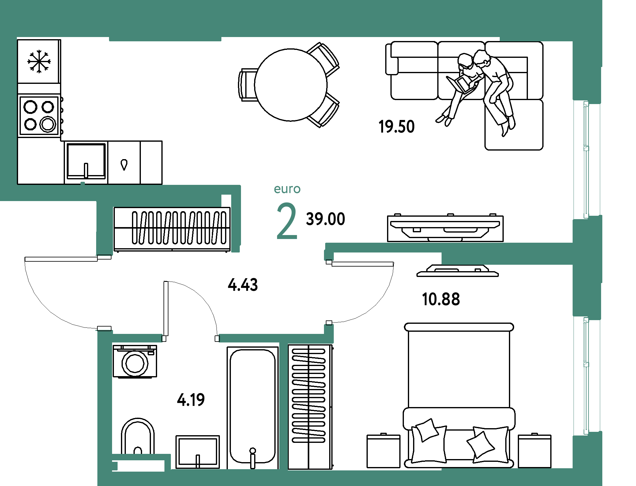ЖК "Остров-сад"-2-комнатная 39 м²